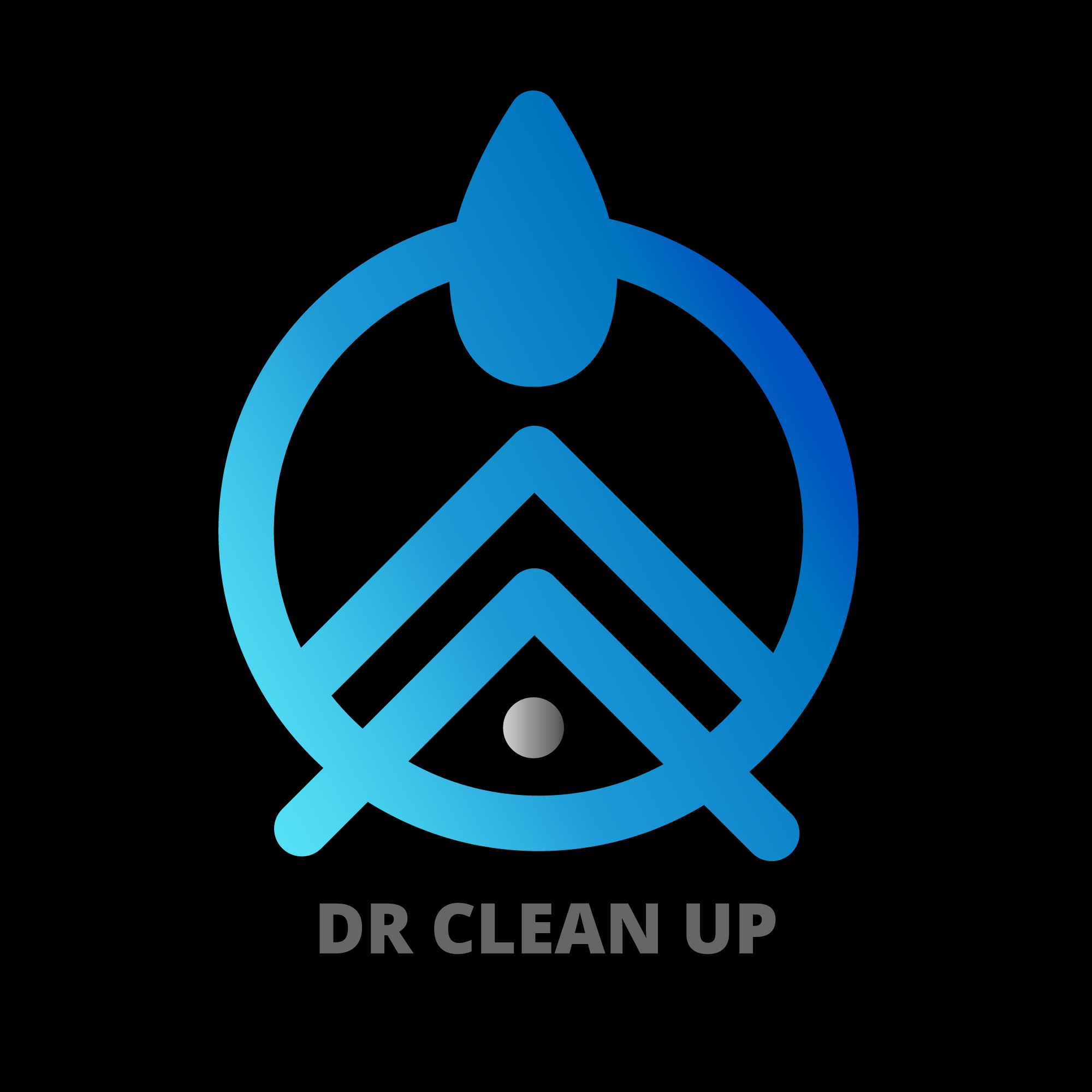 Abstrakcyjne logo firmy sprzątającej 'DR CLEAN UP' z motywem kropli wody i gradientem koloru niebieskiego na czarnym tle.