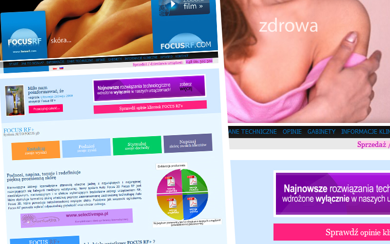 Fragment strony internetowej z reklamą zabiegów kosmetycznych Focus RF+, prezentująca tekst o technologii, nagrody i zdjęcia modelki po zabiegu.