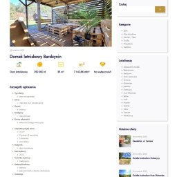 AWNEX GROUP ADRIAN WOJCIECHOWSKI - Prezentacja strony internetowej z ofertą sprzedaży domku letniskowego w Bardzyninie, z drewnianym tarasem i meblami z palet. Widoczne logo firmy i szczegóły oferty.