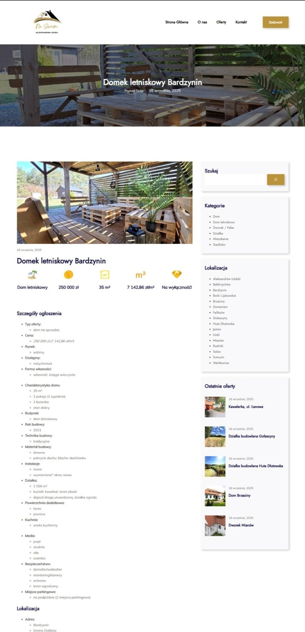 Prezentacja strony internetowej z ofertą sprzedaży domku letniskowego w Bardzyninie, z drewnianym tarasem i meblami z palet. Widoczne logo firmy i szczegóły oferty.