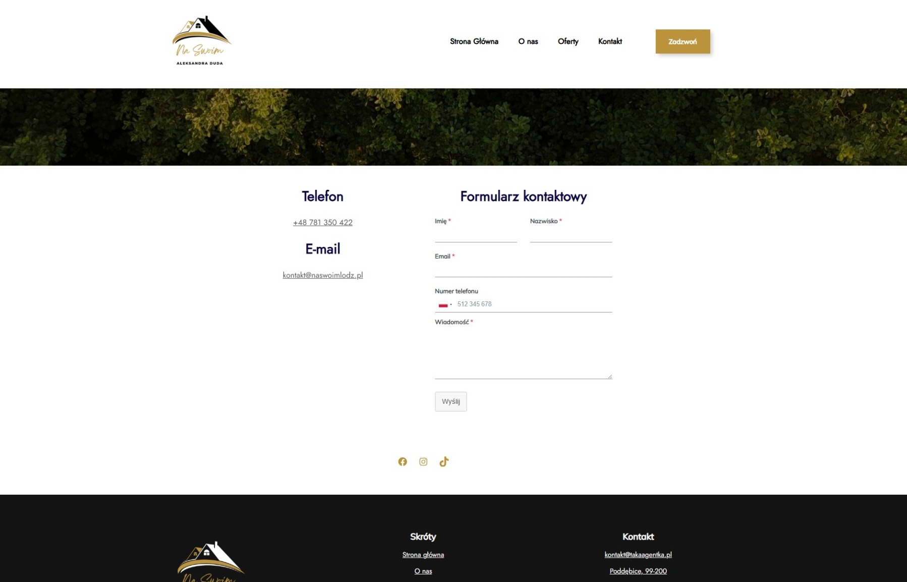 Strona internetowa z formularzem kontaktowym, numerem telefonu i adresem e-mail. W tle grafika z zielenią. Minimalistyczny design z logo w lewym górnym rogu.