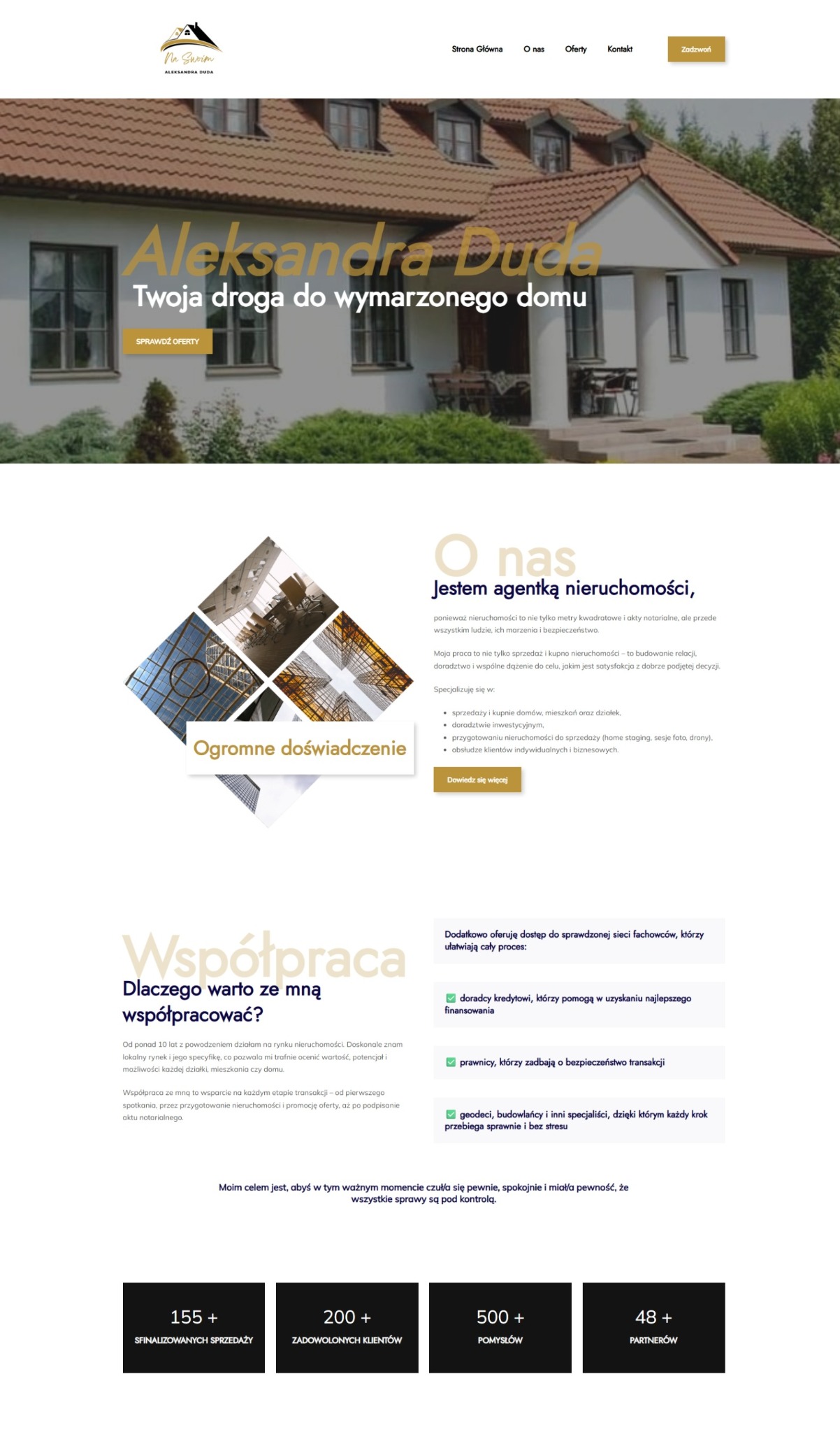 Strona internetowa agentki nieruchomości z domem w tle, prezentująca ofertę 'Twoja droga do wymarzonego domu' z przyciskiem 'Sprawdź oferty'.