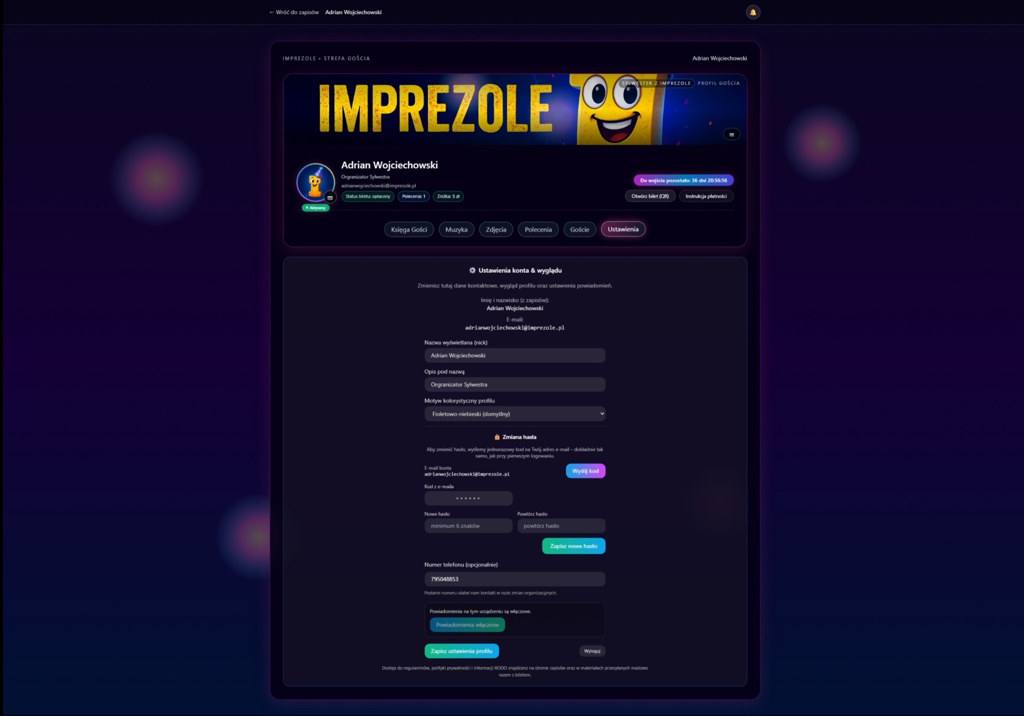 Panel ustawień konta użytkownika aplikacji 'Imprezole' z formularzem zmiany hasła i danymi profilu, utrzymany w fioletowo-niebieskiej kolorystyce. Widoczny awatar i logo aplikacji.
