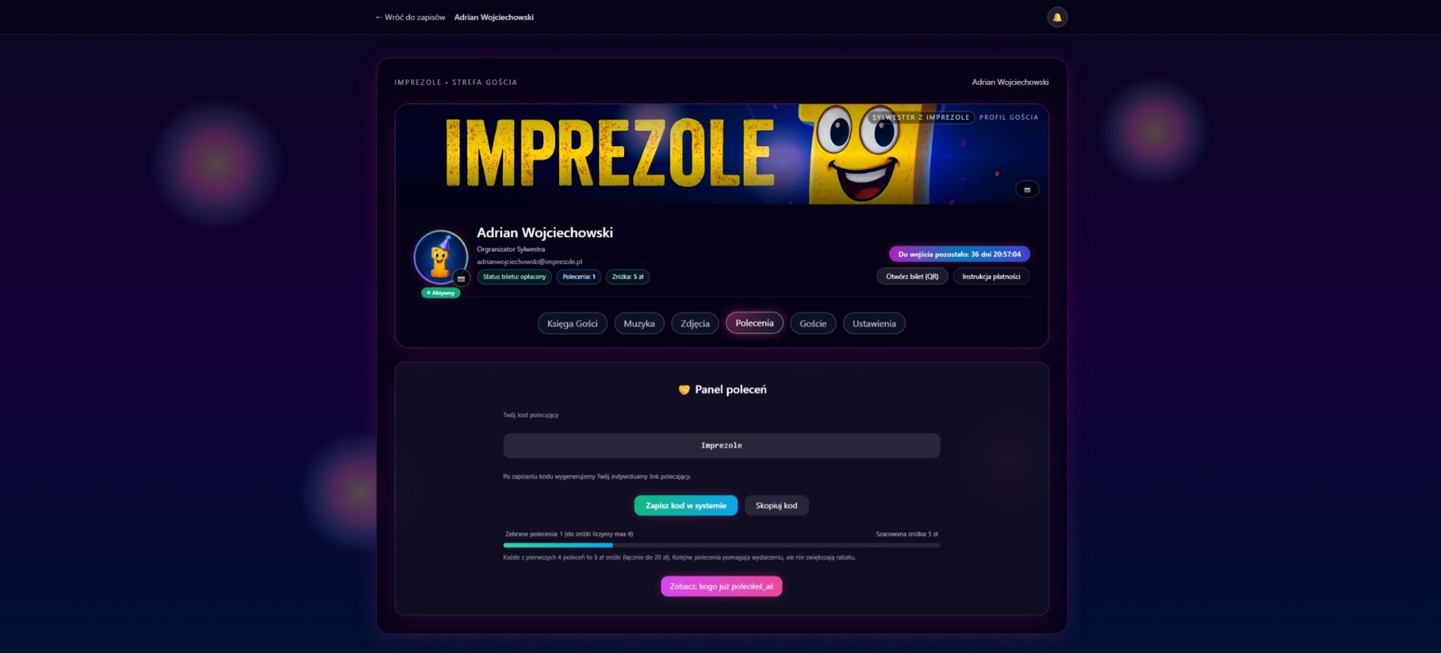 Zrzut ekranu panelu użytkownika platformy Imprezole z widocznym profilem Adriana Wojciechowskiego, panelem poleceń i informacjami o statusie biletu.