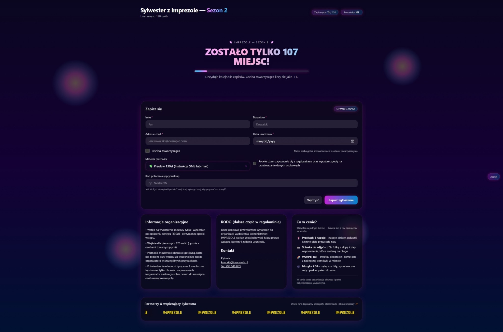 Formularz zapisu na imprezę Sylwestrową online: pola do wypełnienia danymi osobowymi, informacje o wydarzeniu, RODO, kontakt i co w cenie. Fioletowo-granatowa kolorystyka.