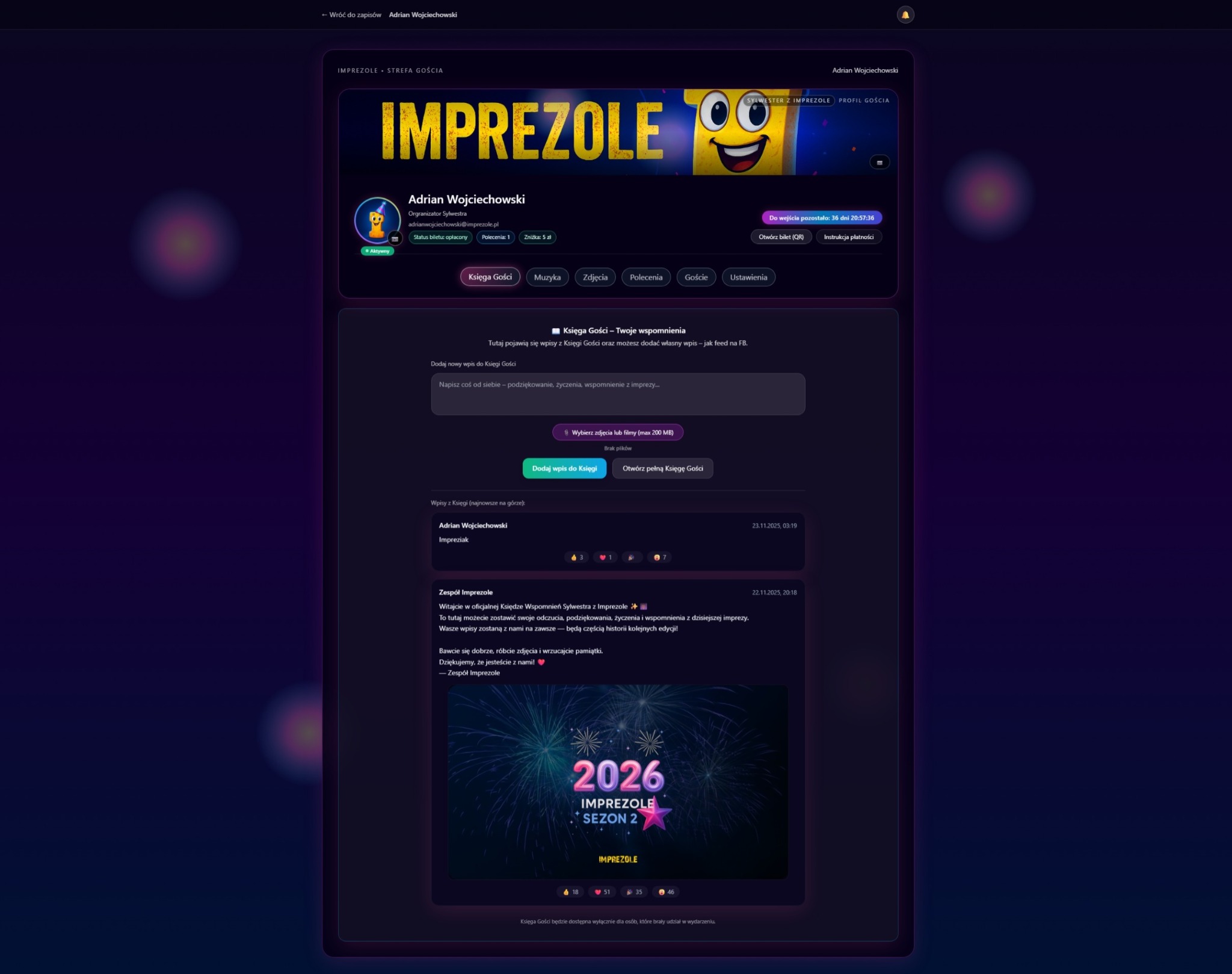 Zrzut ekranu profilu użytkownika Adrian Wojciechowski na platformie Imprezole, prezentujący księgę gości z wpisami i wspomnieniami z imprez.