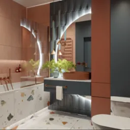 Stylowa łazienka z terazzo, miedzianą armaturą i roślinami w donicach. Umywalka w kolorze miedzi, oświetlenie LED podkreśla nowoczesny design.