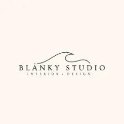 Logo firmy Blänky Studio z motywem fali i napisem 'Interior Design' na jasnym tle. Minimalistyczny, elegancki design.