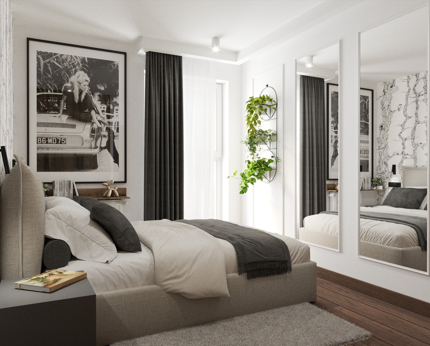 Nowoczesna sypialnia z łóżkiem w beżowych tonacjach, czarno-białym zdjęciem nad wezgłowiem i zielonymi roślinami na ścianie. Lustra powiększają przestrzeń.