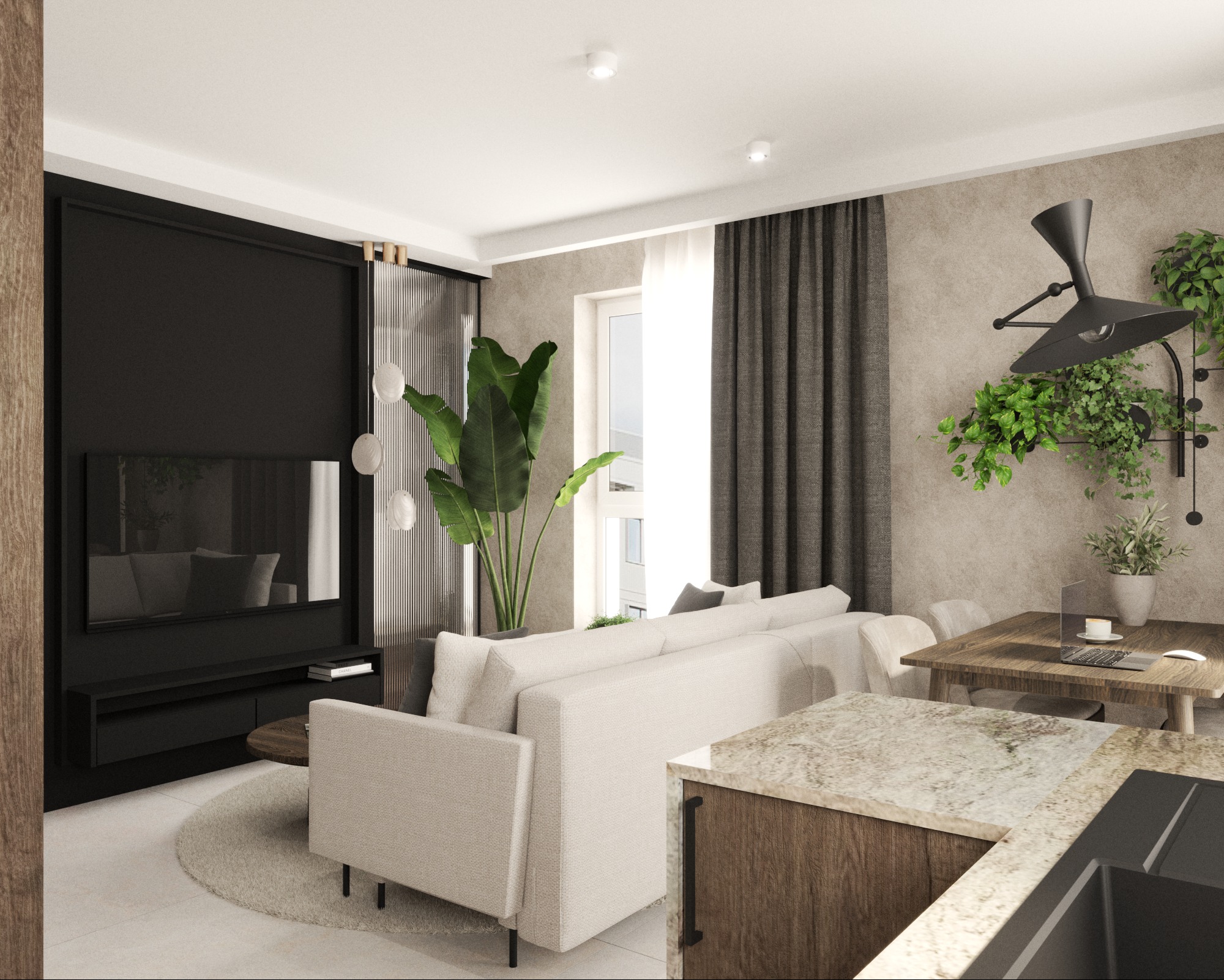 Nowoczesna aranżacja salonu z elementami roślinnymi: czarny panel TV, beżowa sofa, drewniany stół z laptopem i lampa z zielenią. Jasne wnętrze z akcentami natury.