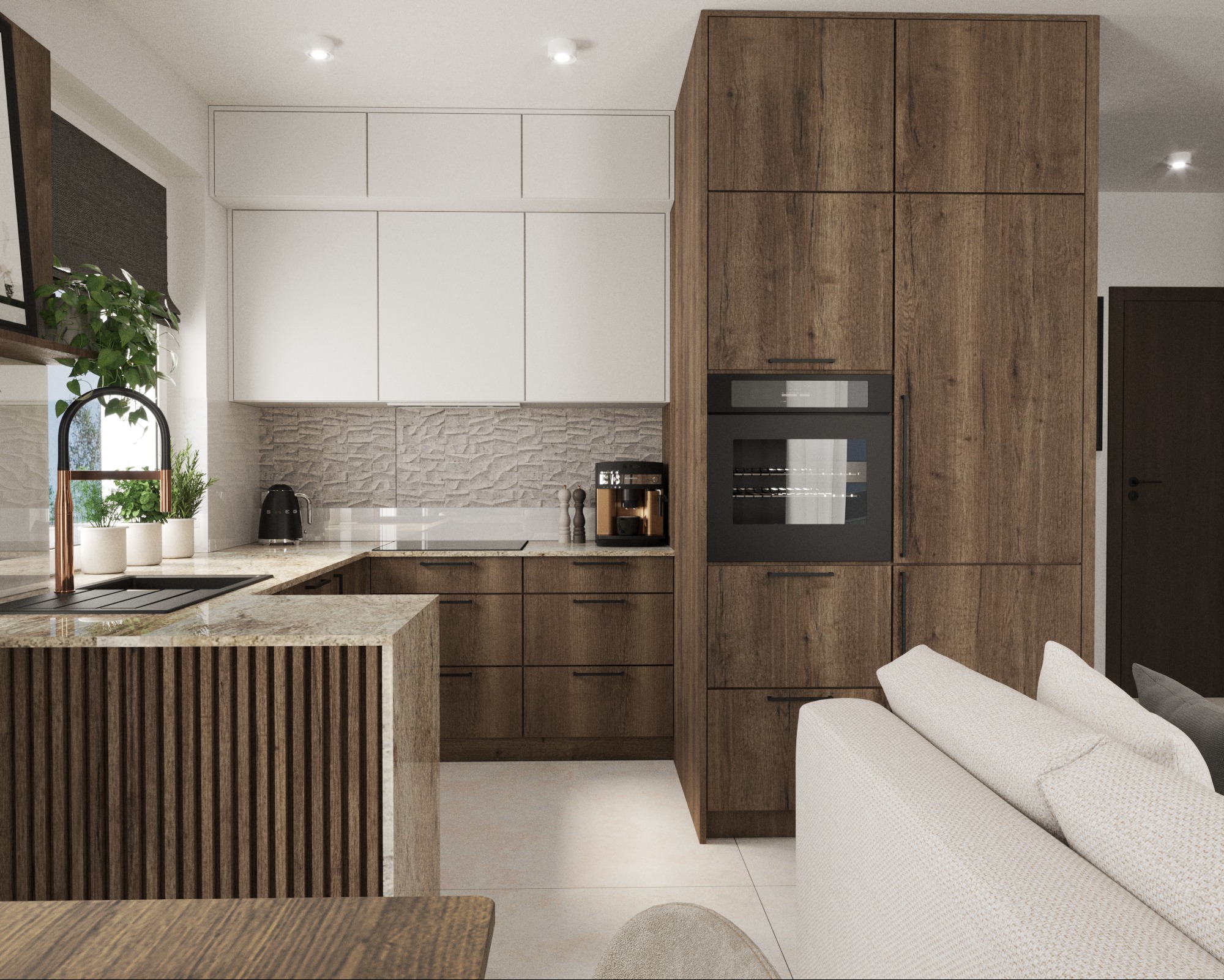 Nowoczesna kuchnia z drewnianymi frontami, białymi szafkami górnymi i wyspą z blatem z kamienia. W tle widoczny fragment salonu z jasną sofą.