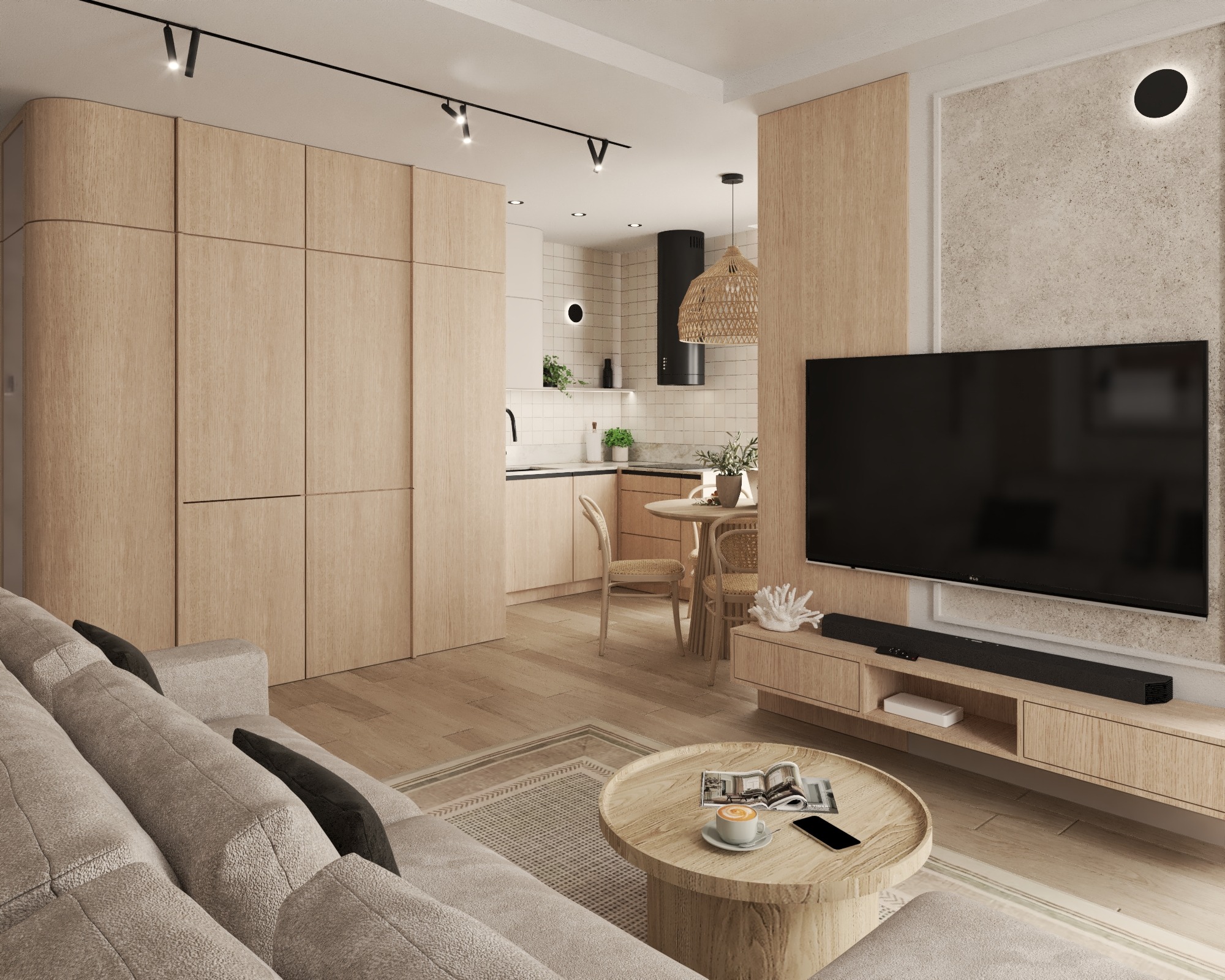 Jasne, nowoczesne wnętrze mieszkania z drewnianymi akcentami: zabudowa, stół, szafka RTV. W tle kuchnia z białymi płytkami i czarnym okapem. Minimalistyczny design.