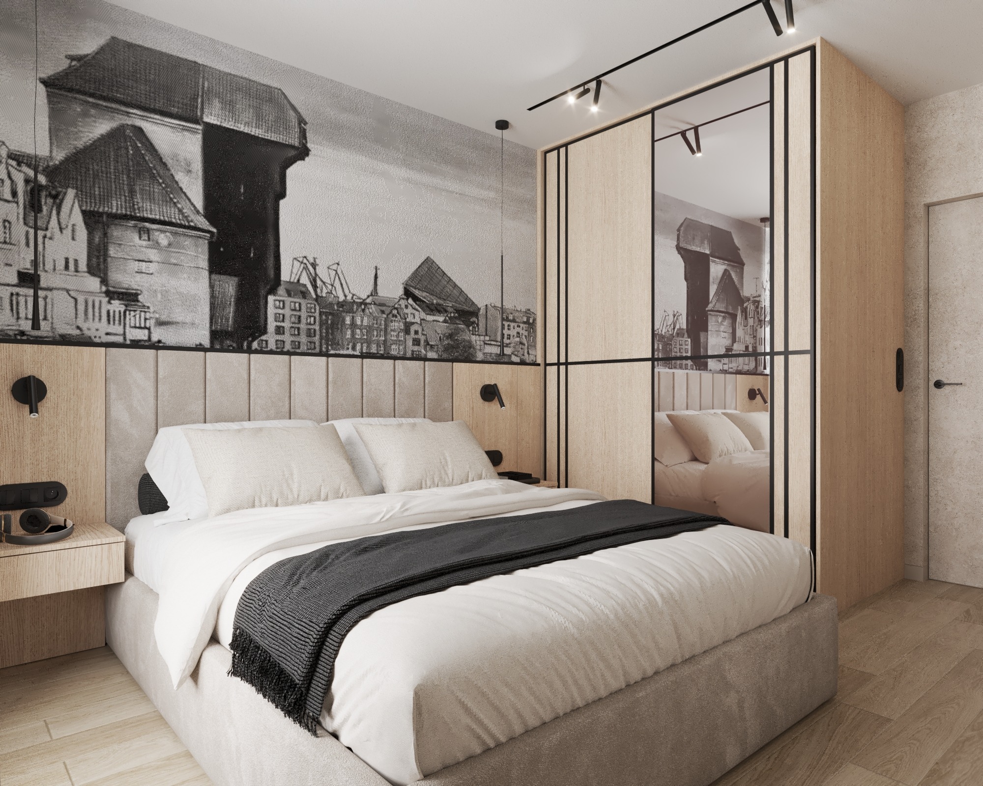 Nowoczesna sypialnia z łóżkiem, szafką nocną i fototapetą z motywem gdańskiego Żurawia. Oświetlenie szynowe podkreśla minimalistyczny design wnętrza.
