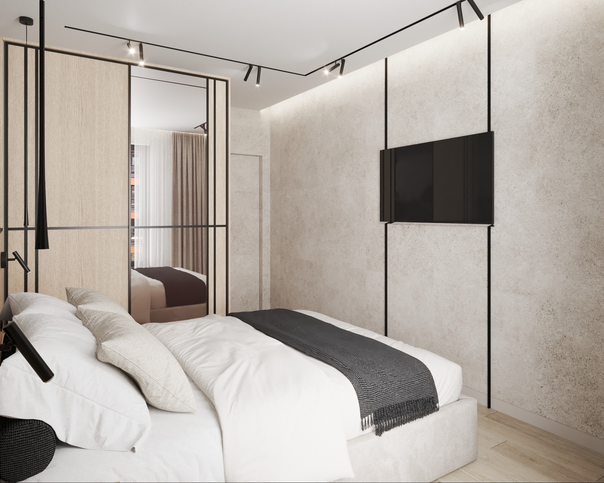 Nowoczesna sypialnia z łóżkiem, telewizorem na ścianie i przesuwnymi drzwiami szafy z lustrem. Minimalistyczny design, stonowana kolorystyka, oświetlenie punktowe.