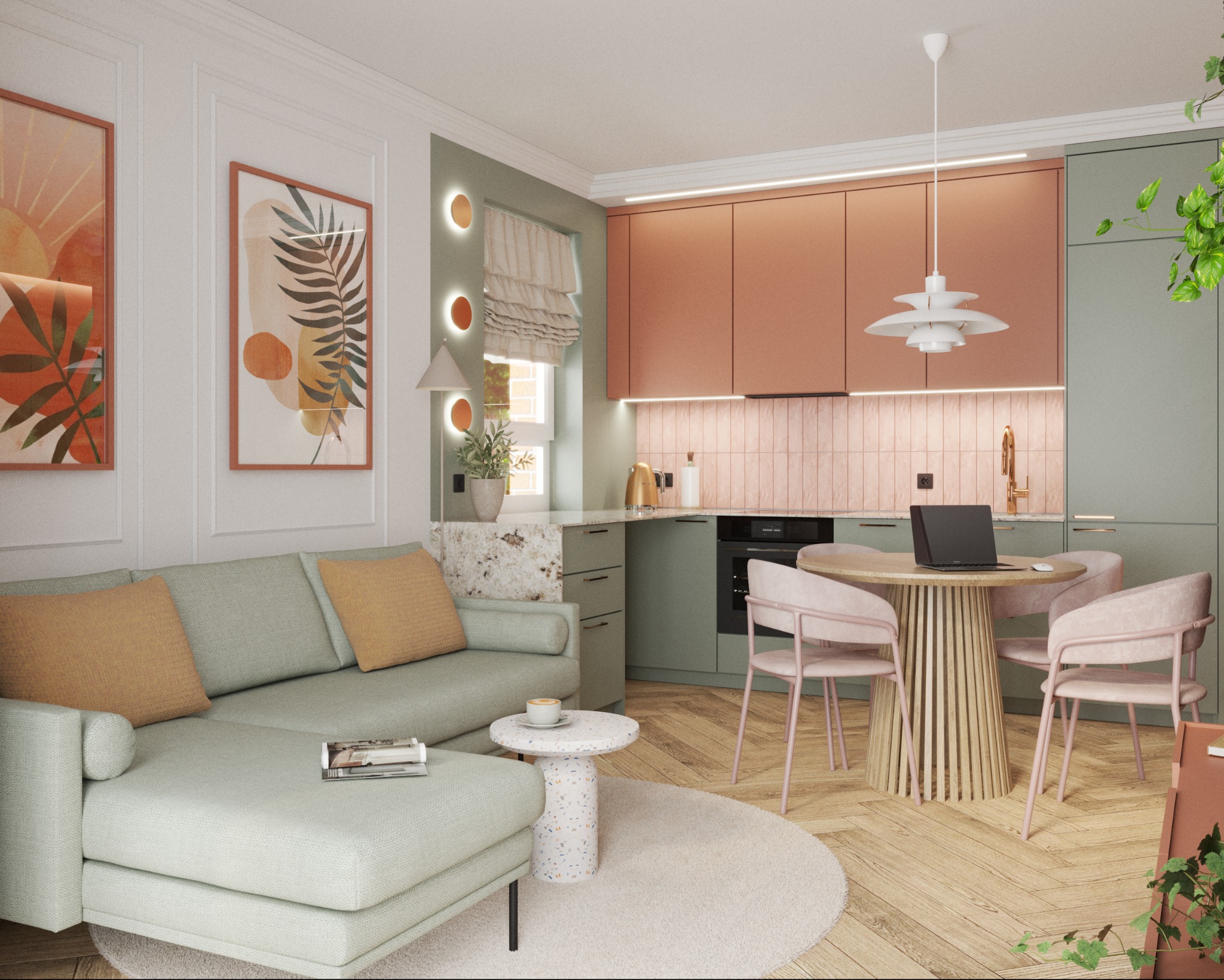Stylowa aranżacja wnętrza: salon z aneksem kuchennym w pastelowych barwach. Sofa z poduszkami, okrągły stolik, stół z laptopem, designerska lampa i obrazy na ścianach.