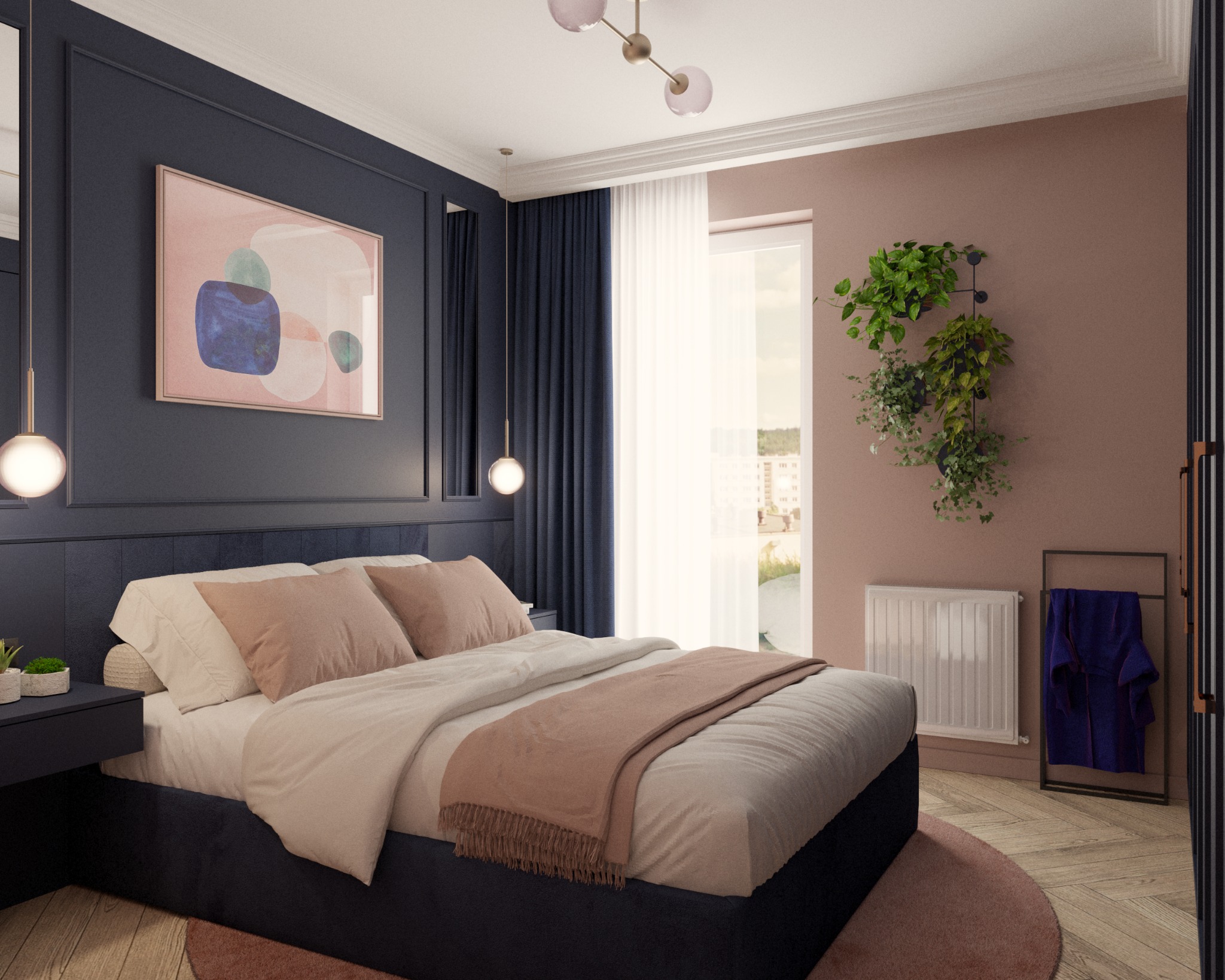Stylowa sypialnia z ciemnoniebieską ścianą, łóżkiem z pudroworóżowymi poduszkami, wiszącymi roślinami i okrągłym dywanem, ukazana w przyjemnym świetle.