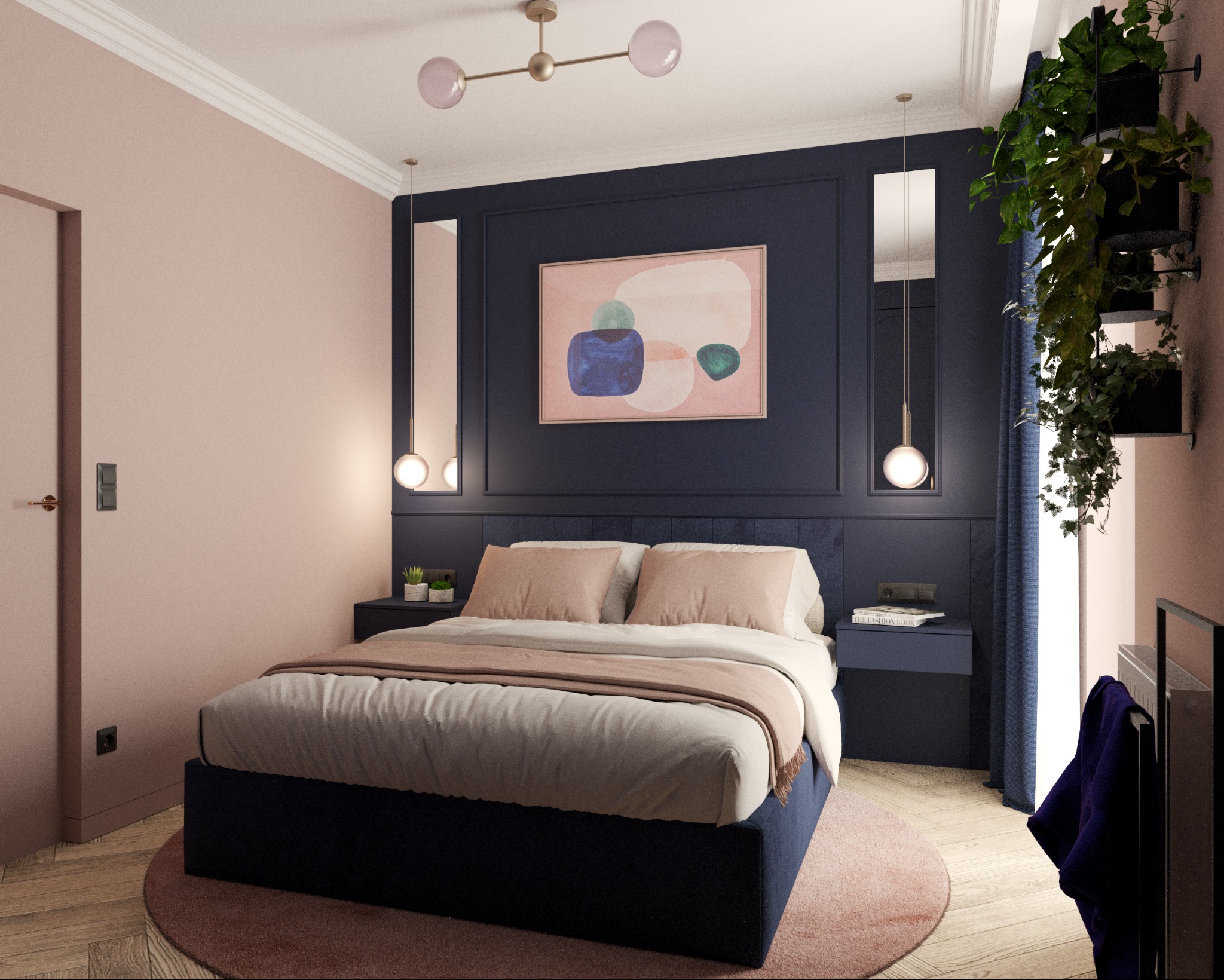 Stylowa sypialnia w odcieniach różu i granatu z łóżkiem, okrągłym dywanem i roślinami. Dekoracyjne lampy wiszące i abstrakcyjny obraz nadają wnętrzu nowoczesny charakter.