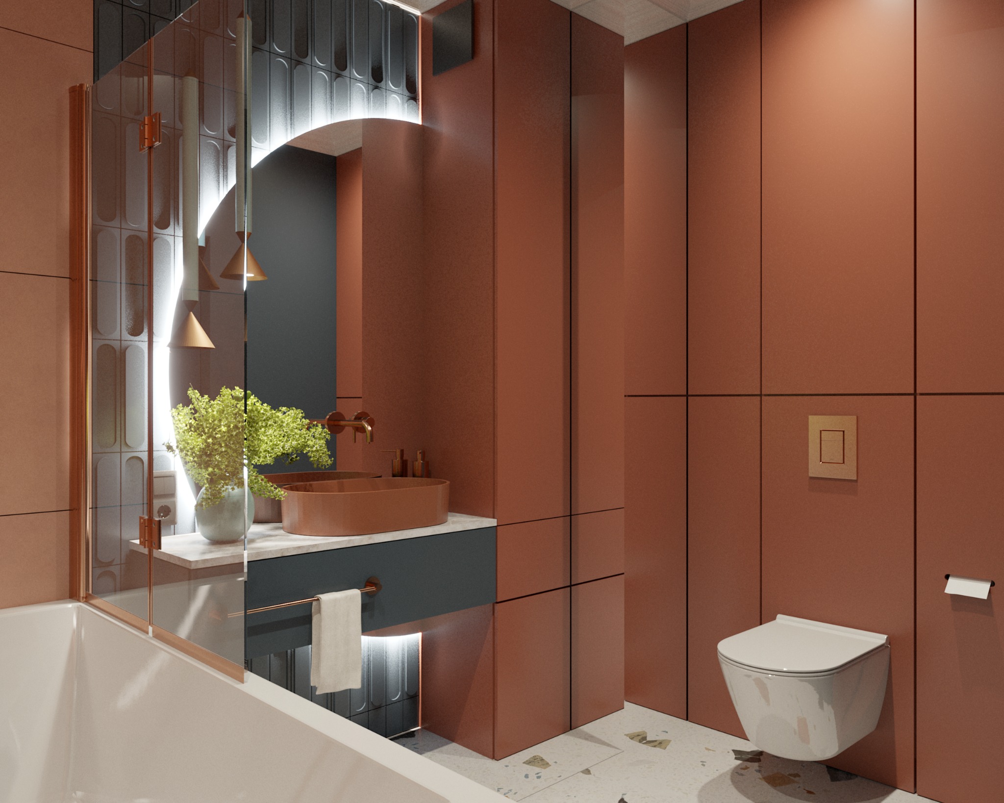 Nowoczesna łazienka w odcieniach terakoty i szarości, z okrągłym lustrem podświetlonym LED i umywalką w kolorze rdzy. Minimalistyczny design i eleganckie wykończenie.