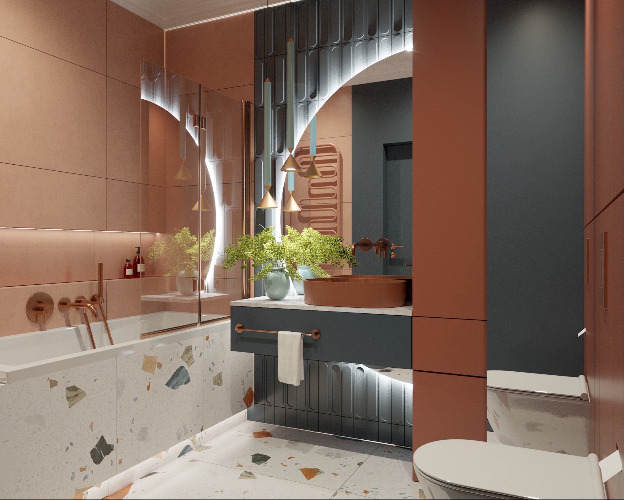 Stylowa łazienka z terazzo, miedzianą armaturą i roślinami w donicach. Umywalka w kolorze miedzi, oświetlenie LED podkreśla nowoczesny design.