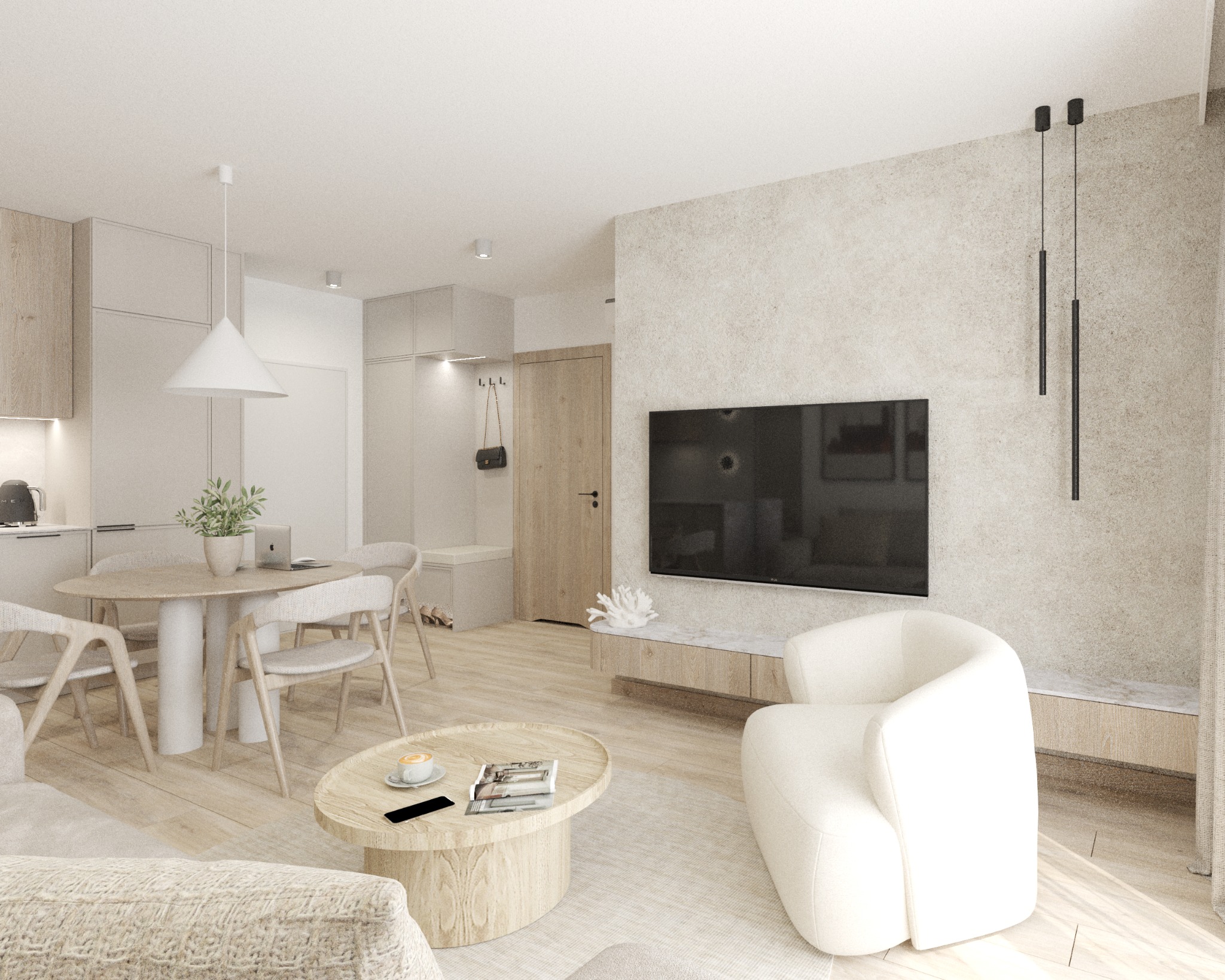 Jasne, nowoczesne wnętrze: okrągły stół z rośliną, minimalistyczne krzesła, telewizor na ścianie o fakturze betonu, biały fotel i drewniane akcenty.