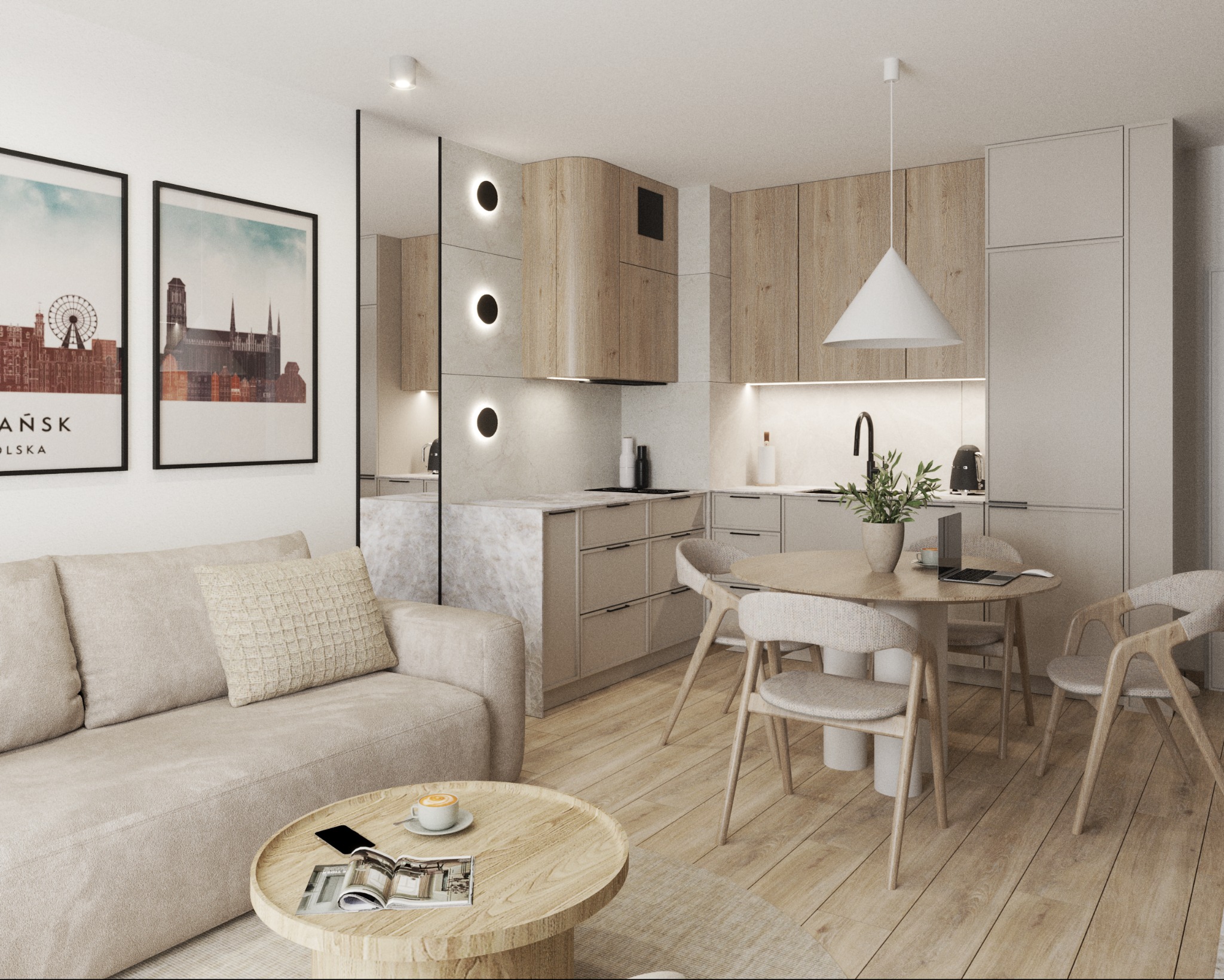Jasne, nowoczesne wnętrze: salon z sofą i stolikiem kawowym płynnie przechodzi w kuchnię z drewnianymi szafkami. Na ścianie obrazy z motywem Gdańska.