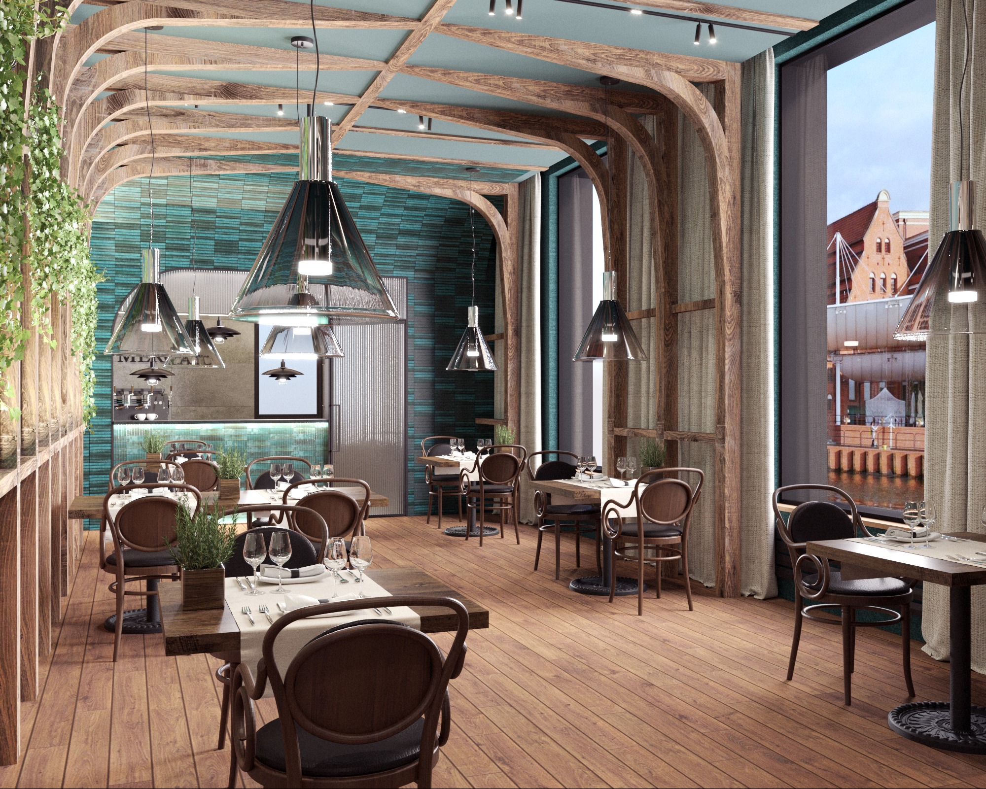 Wnętrze restauracji z drewnianymi elementami konstrukcyjnymi i turkusową ścianą. Stoliki nakryte do posiłku, widok na rzekę i budynki z zewnątrz.