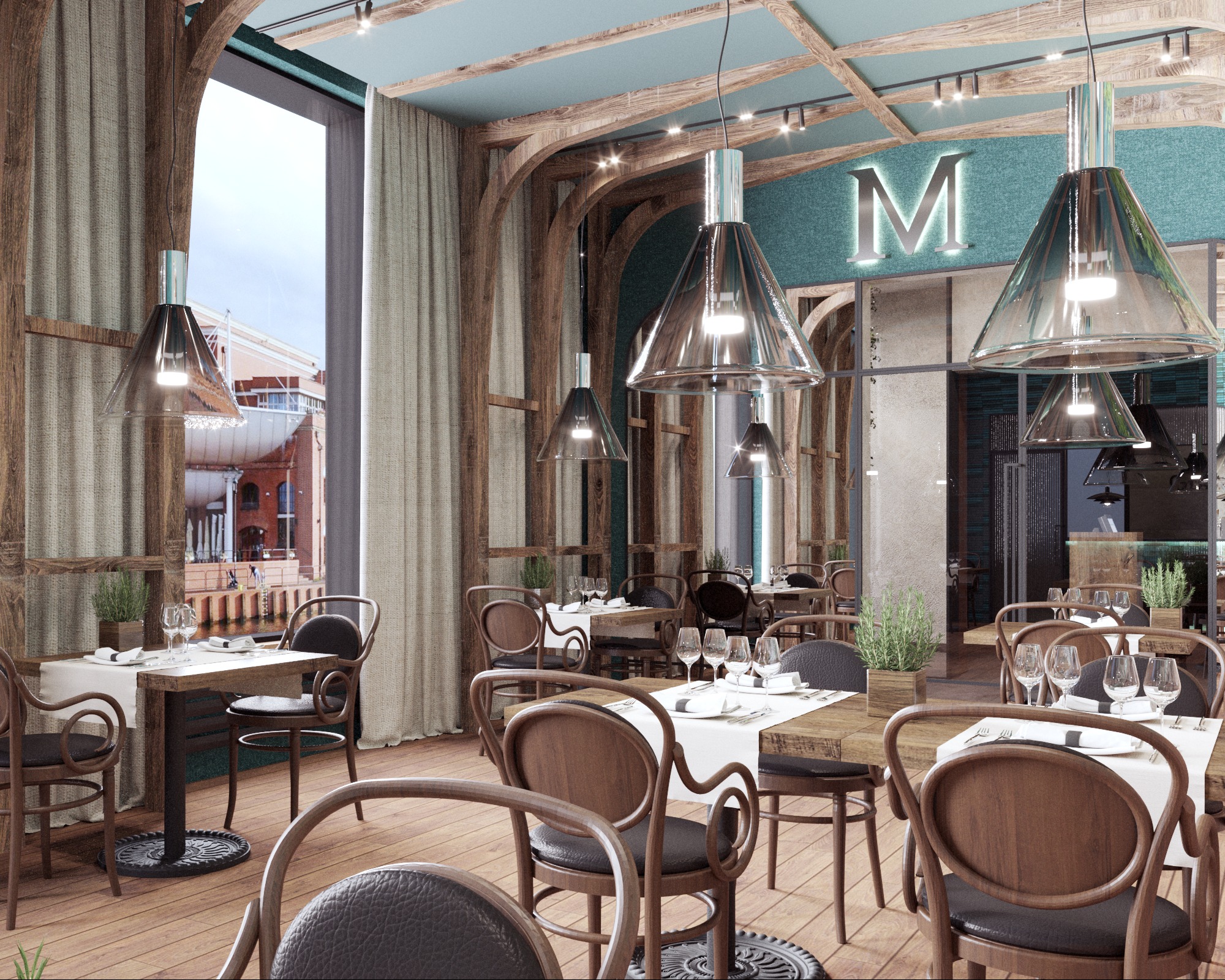 Nowoczesna aranżacja wnętrza restauracji z drewnianymi elementami, stołami nakrytymi do posiłku i dużymi lampami wiszącymi. Widok na port przez okno.