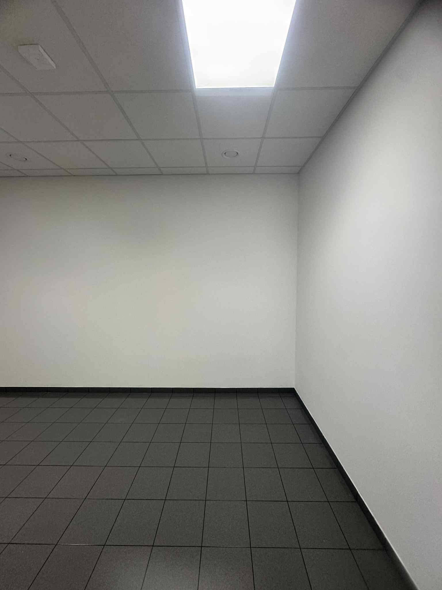 Puste, odnowione wnętrze biurowe z szarą podłogą z płytek i świeżo pomalowanymi białymi ścianami. Sufit kasetonowy z oświetleniem.