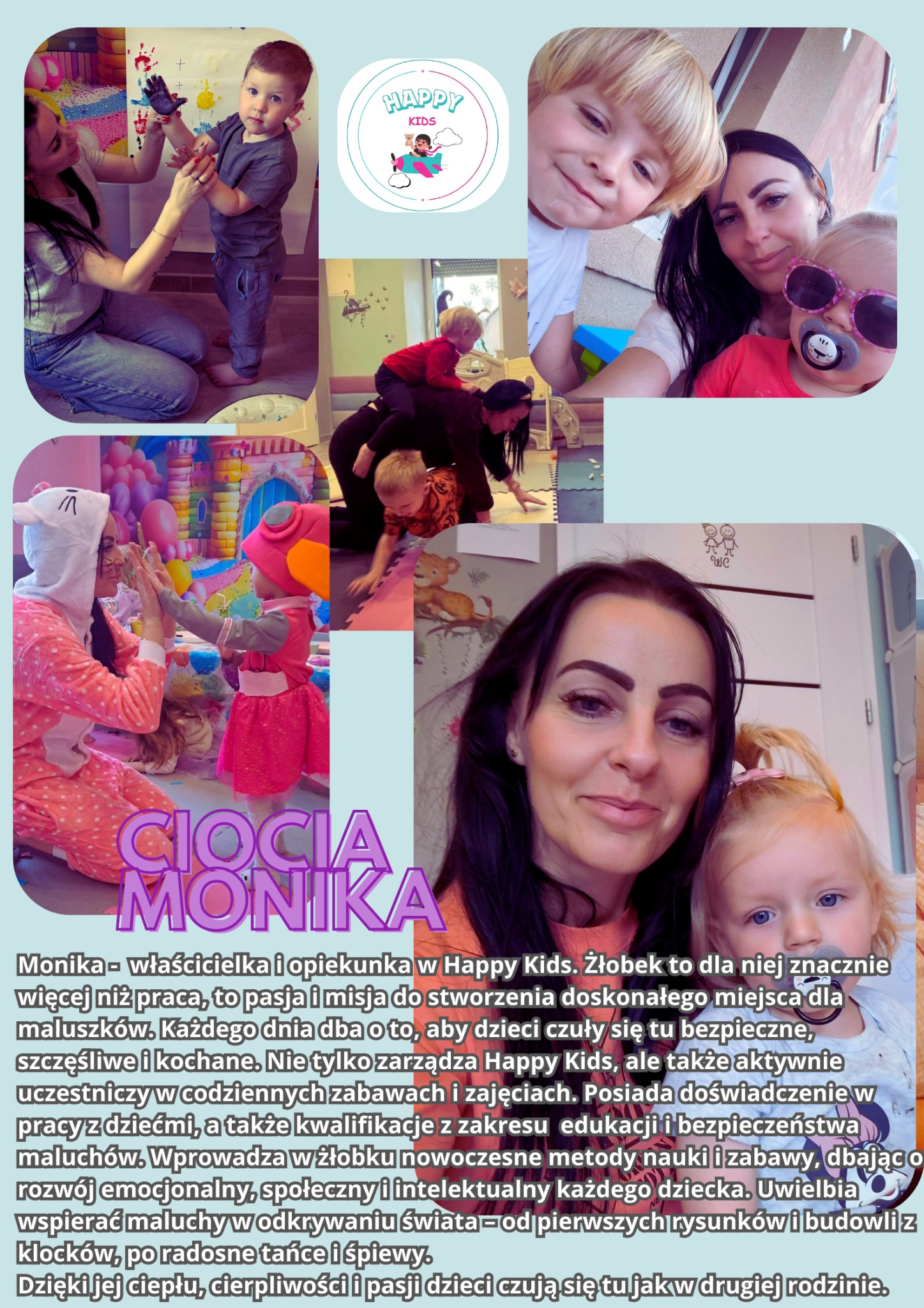Kolaż zdjęć z żłobka: dzieci podczas zajęć plastycznych, zabawy i portrety z opiekunką, promujący radosną atmosferę i indywidualne podejście.