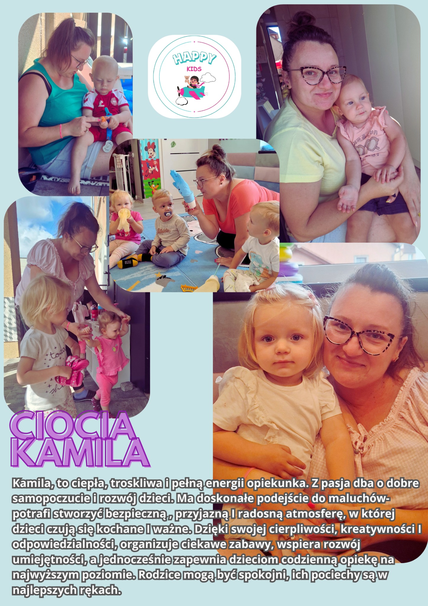 Montaż zdjęć: opiekunka z dziećmi w żłobku, zabawy, portrety, logo 'Happy Kids'. Kolaż prezentuje ciepłą, rodzinną atmosferę i troskliwą opiekę.