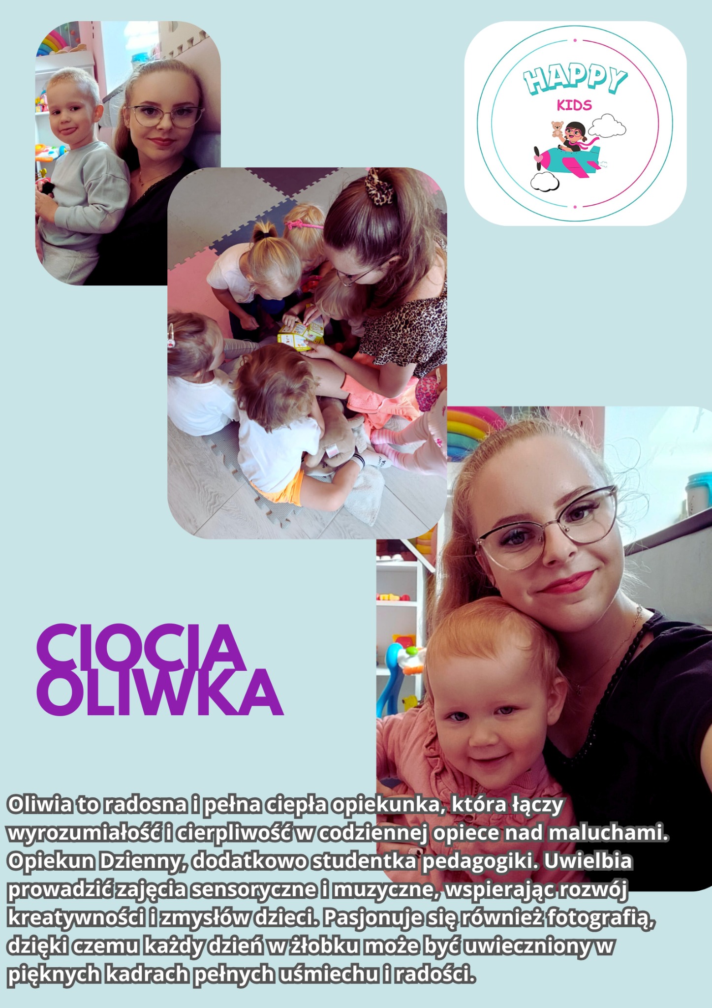 Kolaż zdjęć z opiekunką i dziećmi podczas zabawy i opieki. Uśmiechnięta opiekunka z dzieckiem na rękach, dzieci bawiące się na podłodze, logo żłobka.