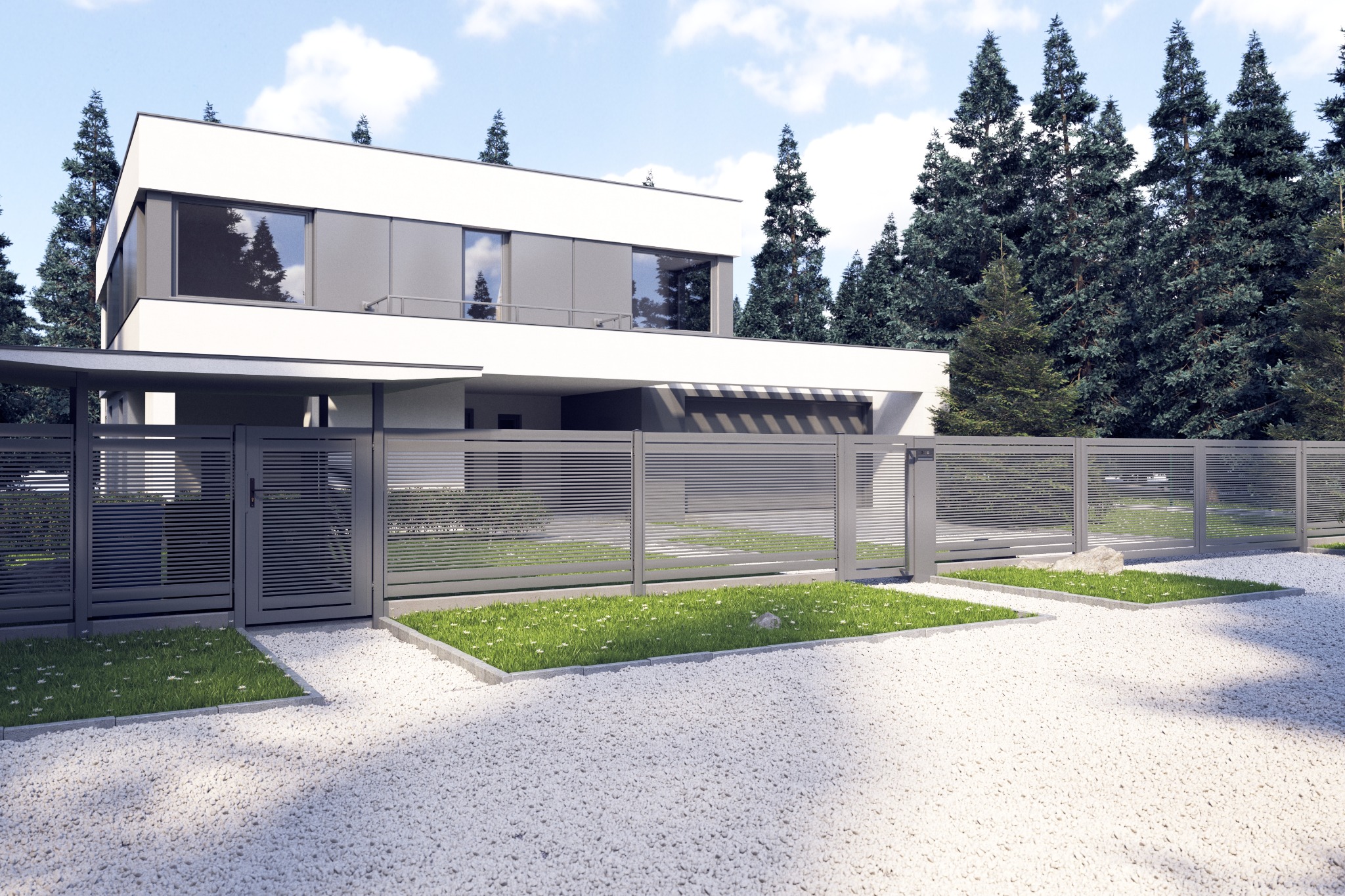 Nowoczesna, pozioma brama metalowa w kolorze szarym, z przesuwnym skrzydłem, przed białym domem z płaskim dachem i żwirowym podjazdem. Tło stanowią wysokie drzewa.