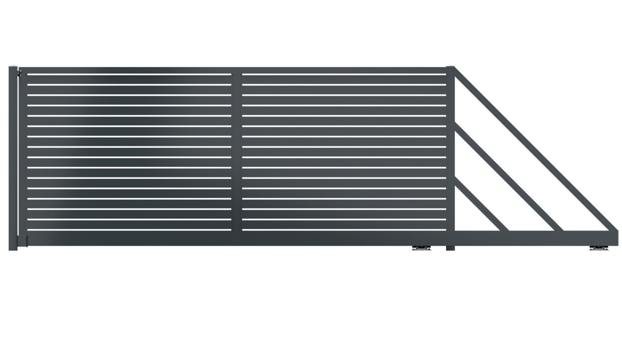 Nowoczesna, przesuwna brama wjazdowa z poziomymi panelami w kolorze grafitowym, wsparta na trzech punktach mocowania. Minimalistyczny design.