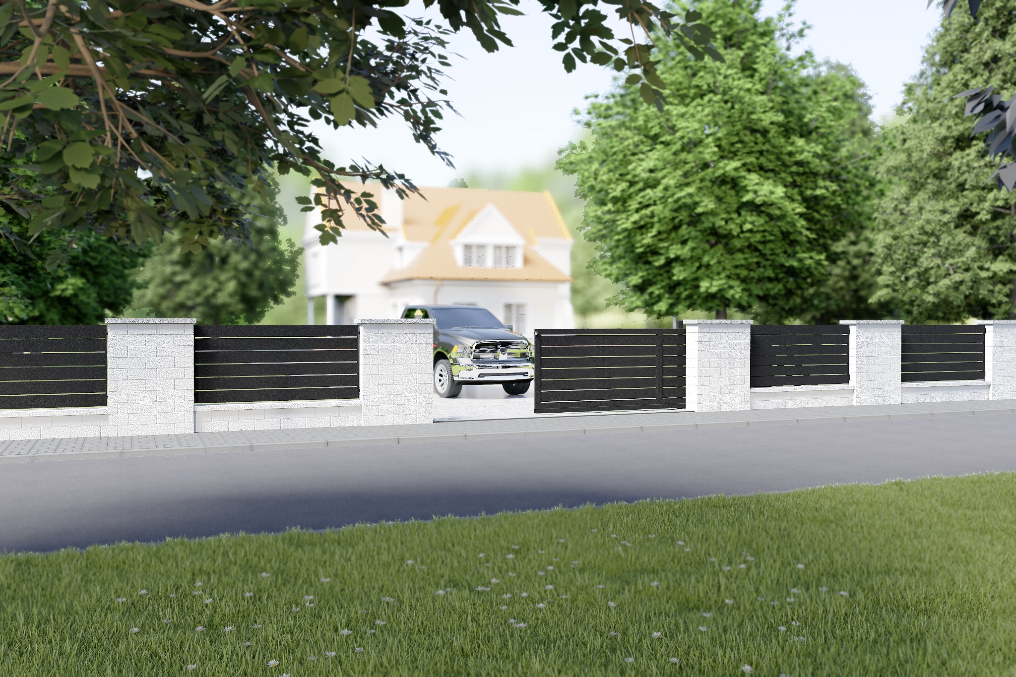 Nowoczesne ogrodzenie z poziomych paneli w kolorze antracytu i białych słupków z cegły, samochód w tle, zielony trawnik. Estetyczny design.