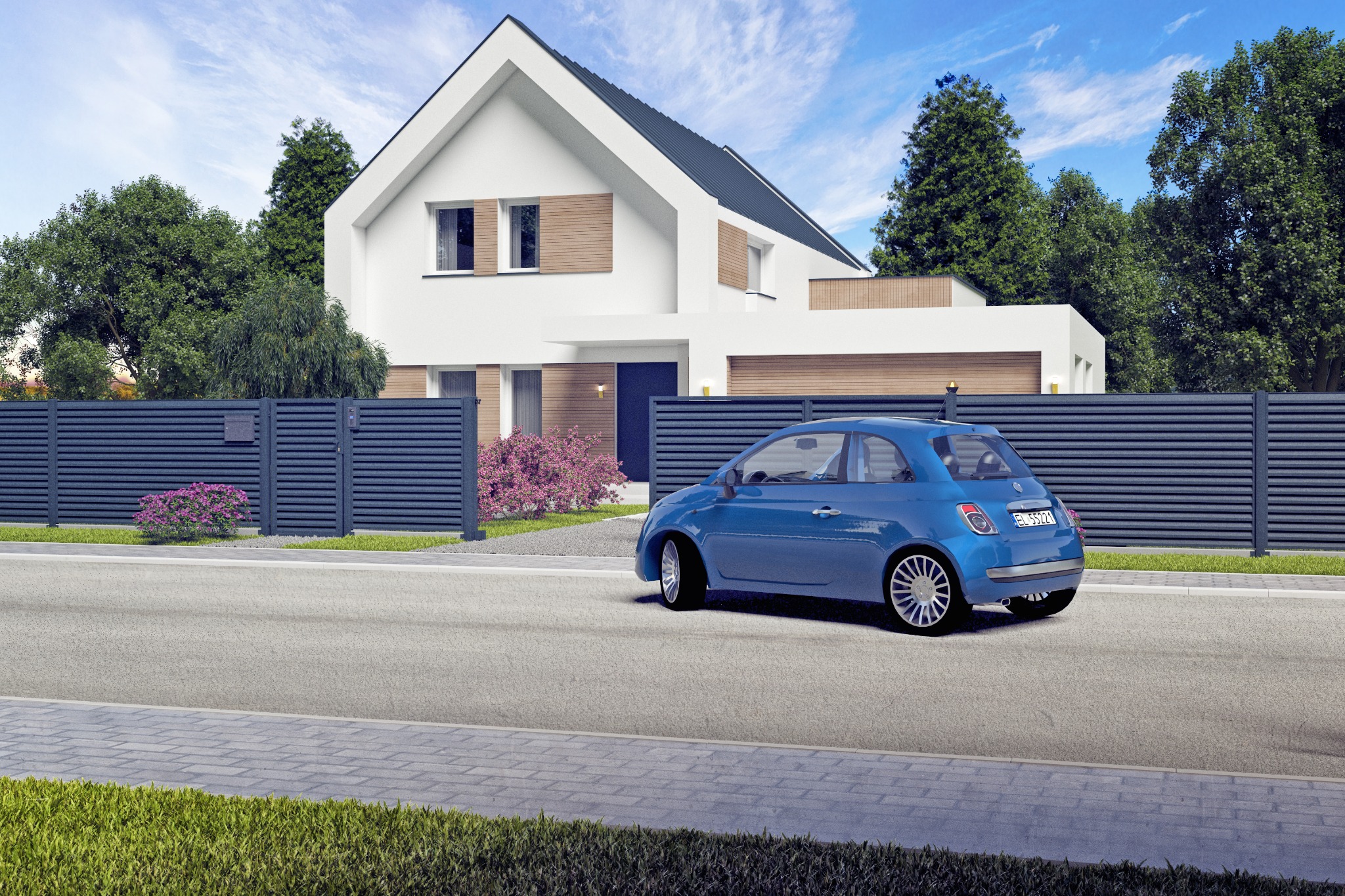 Nowoczesny dom z grafitowym ogrodzeniem panelowym i bramą w tle, z błękitnym autem na podjeździe. Minimalistyczny design, schludne otoczenie.