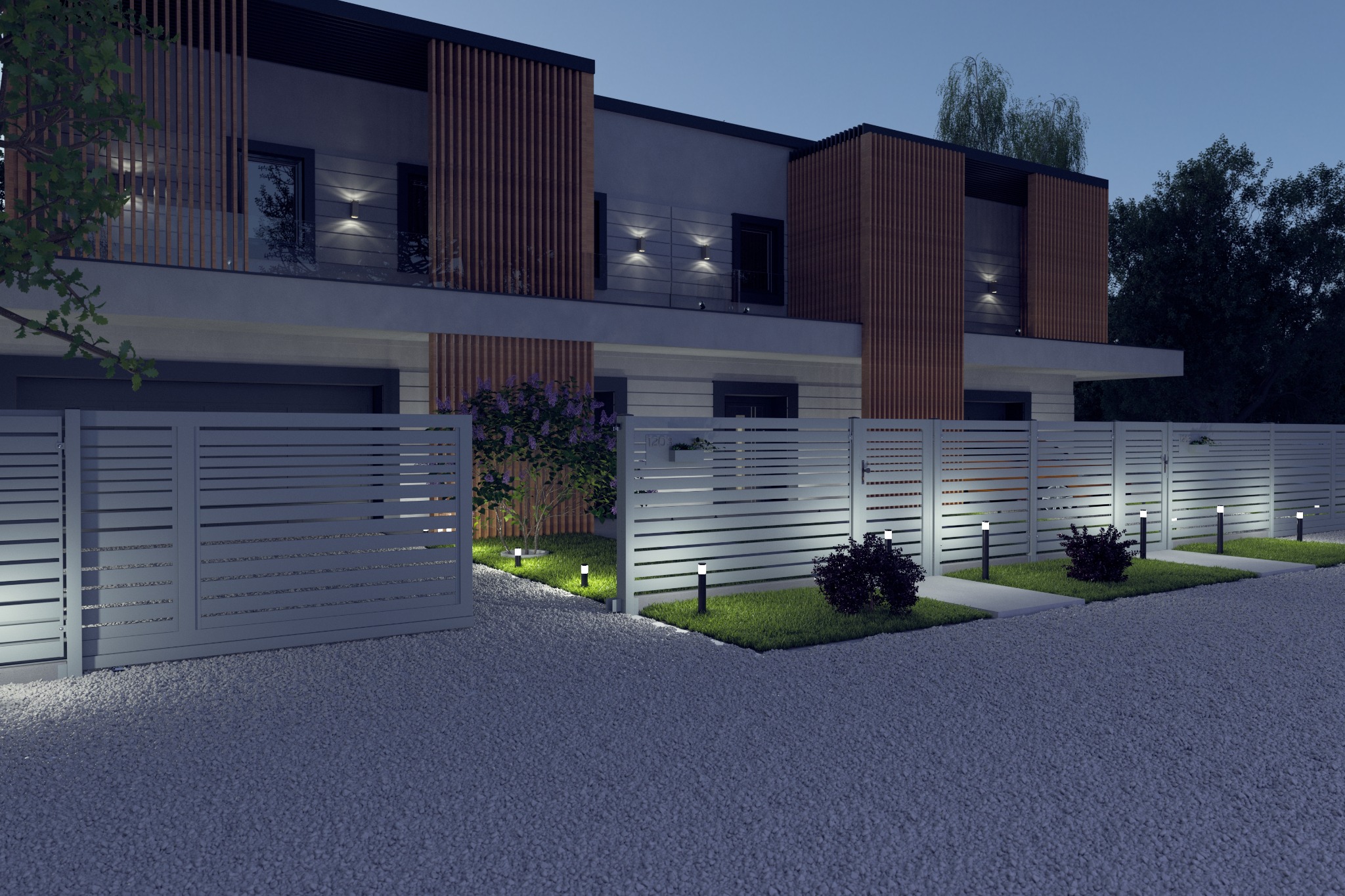 Nowoczesne, poziome ogrodzenie panelowe z bramą przesuwną, oświetlone lampami ogrodowymi, przed szeregową zabudową w wieczornym oświetleniu.