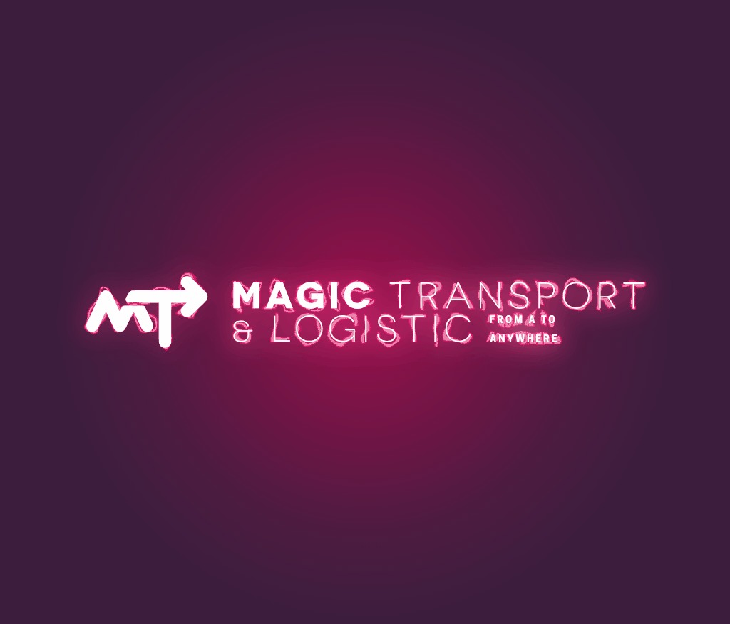 Neonowe logo firmy Magic Transport & Logistic na fioletowym tle. Napis 'FROM A to ANYWHERE' w prawym dolnym rogu logo.