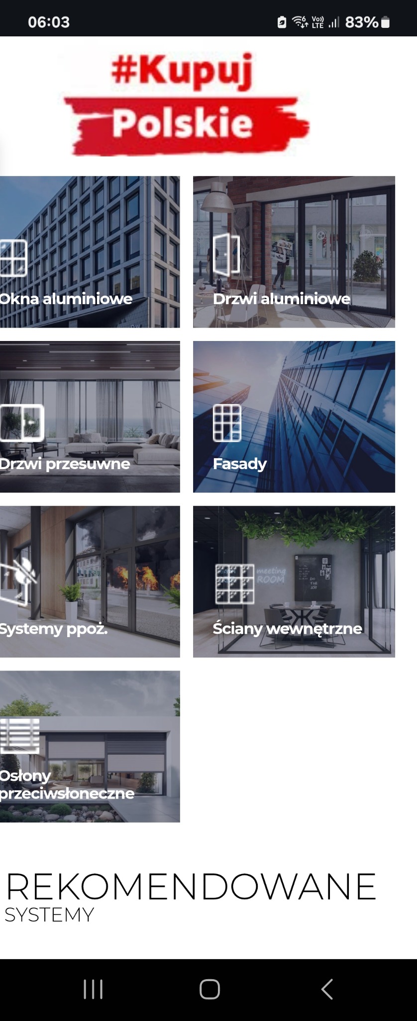Ekran smartfona prezentujący ofertę systemów aluminiowych: okna, drzwi, fasady, systemy ppoż., osłony przeciwsłoneczne i ściany wewnętrzne. Promocja #KupujPolskie.