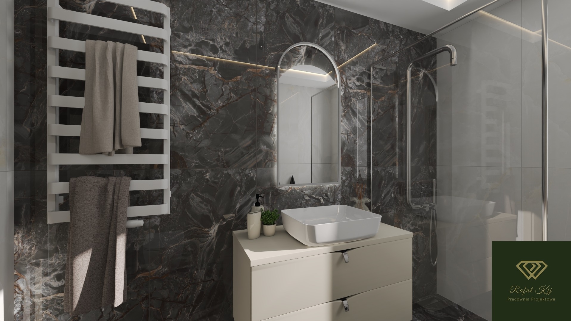 Elegancka łazienka z marmurową ścianą, owalnym lustrem z podświetleniem, białą umywalką na szafce i grzejnikiem drabinkowym z ręcznikami. Nowoczesny design.