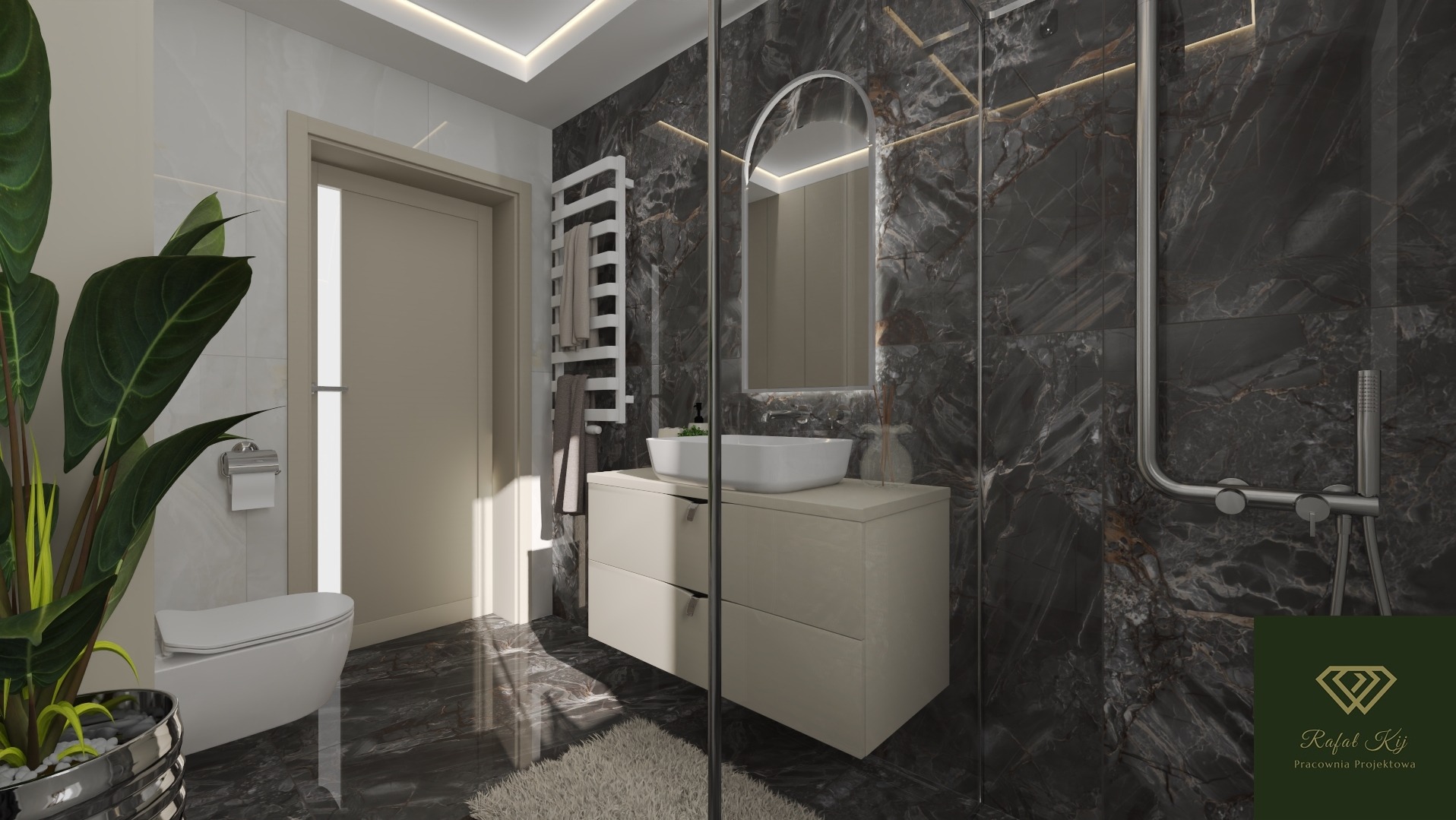 Elegancka łazienka z czarnymi marmurowymi płytkami, białą umywalką nablatową i grzejnikiem drabinkowym. Roślina doniczkowa dodaje świeżości wnętrzu.