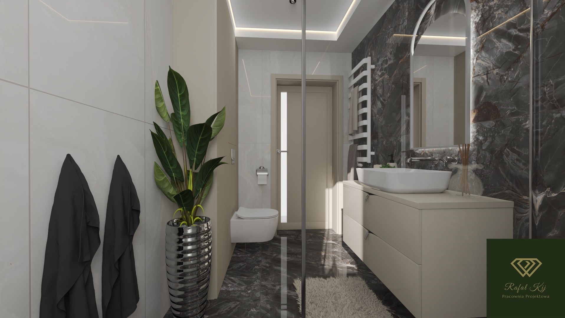 Elegancka łazienka z marmurową ścianą, nowoczesną umywalką nablatową i dekoracyjną rośliną w srebrnej donicy. Minimalistyczny design z akcentami luksusu.