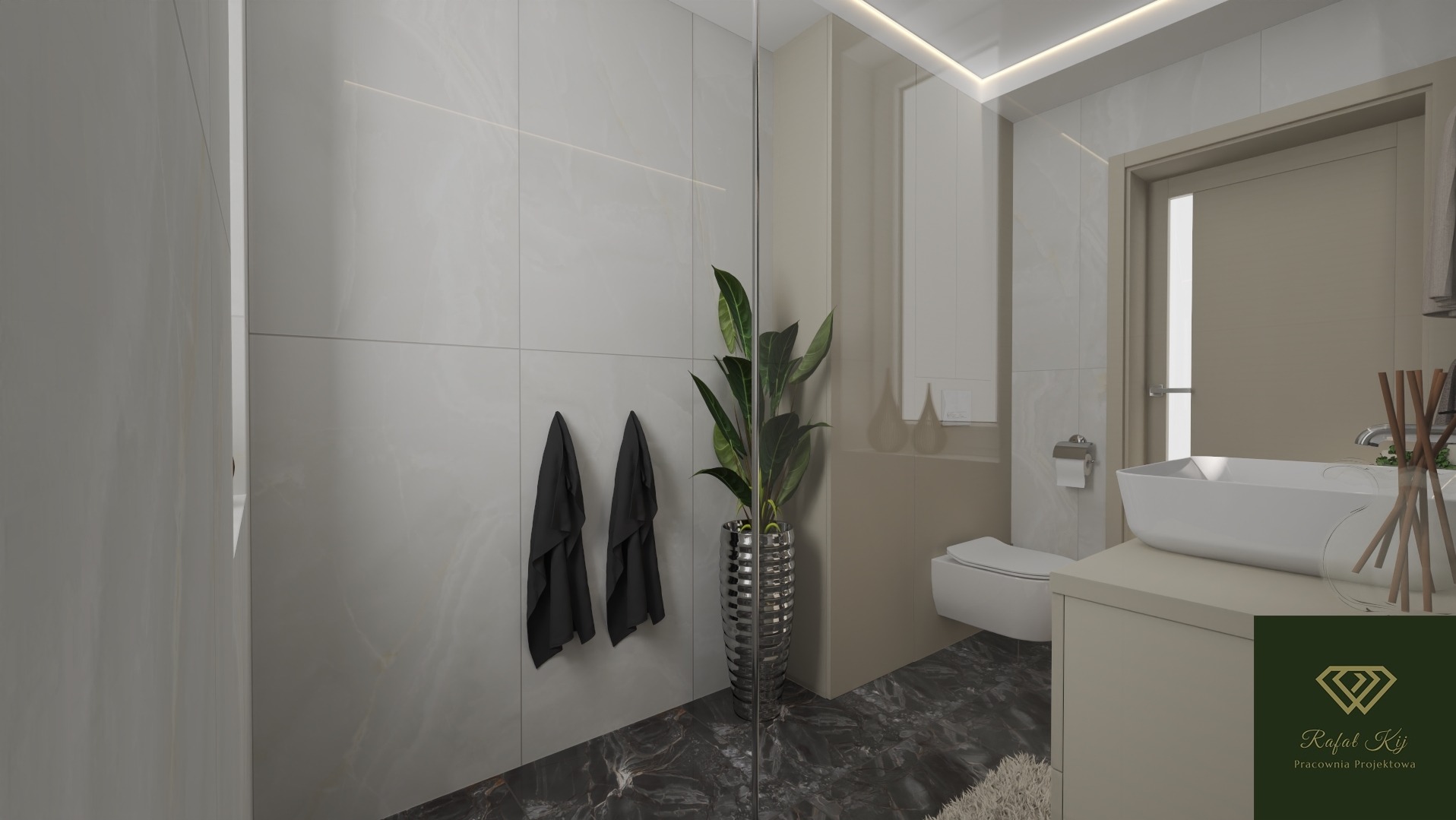 Wizualizacja łazienki z marmurową podłogą, wiszącą toaletą i umywalką nablatową. Na ścianie ręczniki i roślina w srebrnej donicy. Subtelne oświetlenie LED.