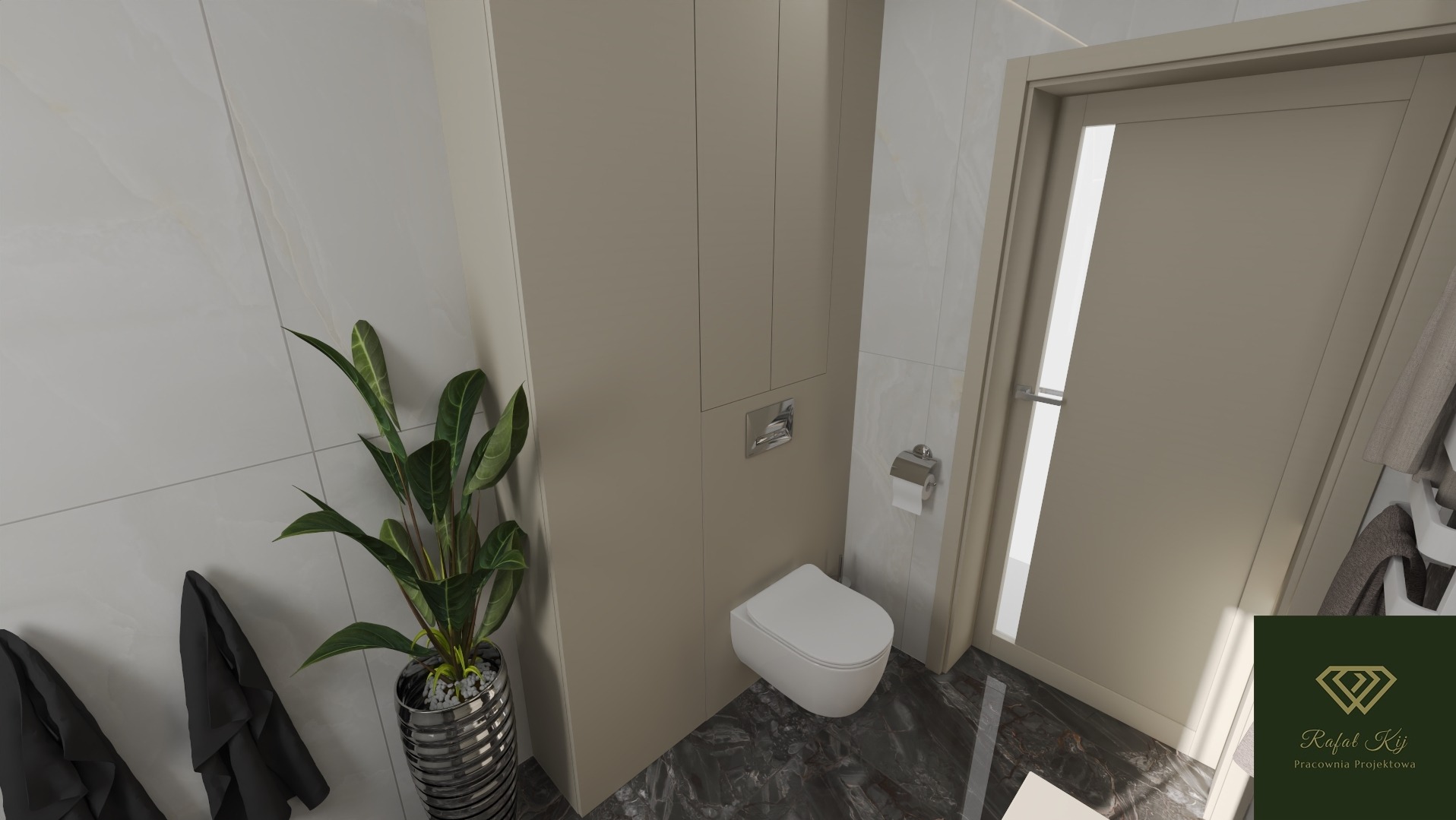 Nowoczesna łazienka z marmurową podłogą, wiszącą toaletą i wysoką szafką w beżowym odcieniu. Akcent stanowi roślina w metalowej donicy i designerski wieszak na ręczniki.