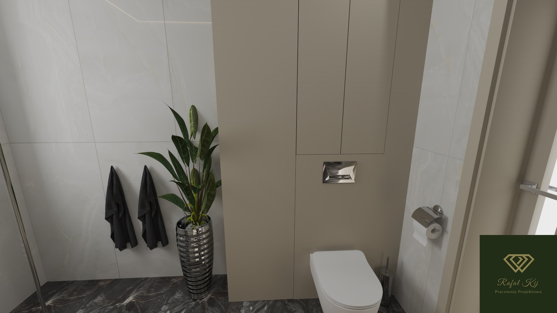 Nowoczesna łazienka z marmurową podłogą, beżowymi szafkami i rośliną w srebrnej donicy. Minimalistyczny design z akcentami zieleni i szarości.