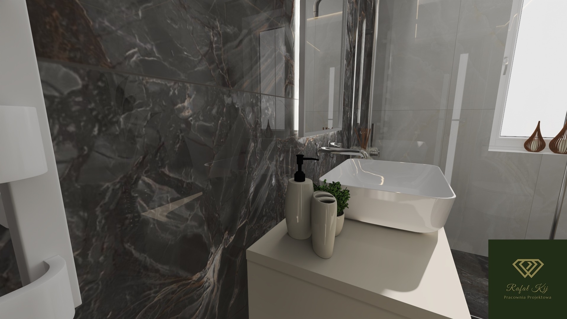 Nowoczesna łazienka z umywalką nablatową, czarnym marmurem na ścianach i podświetlanym lustrem. Minimalistyczny design z akcentami roślinnymi i dekoracyjnymi.