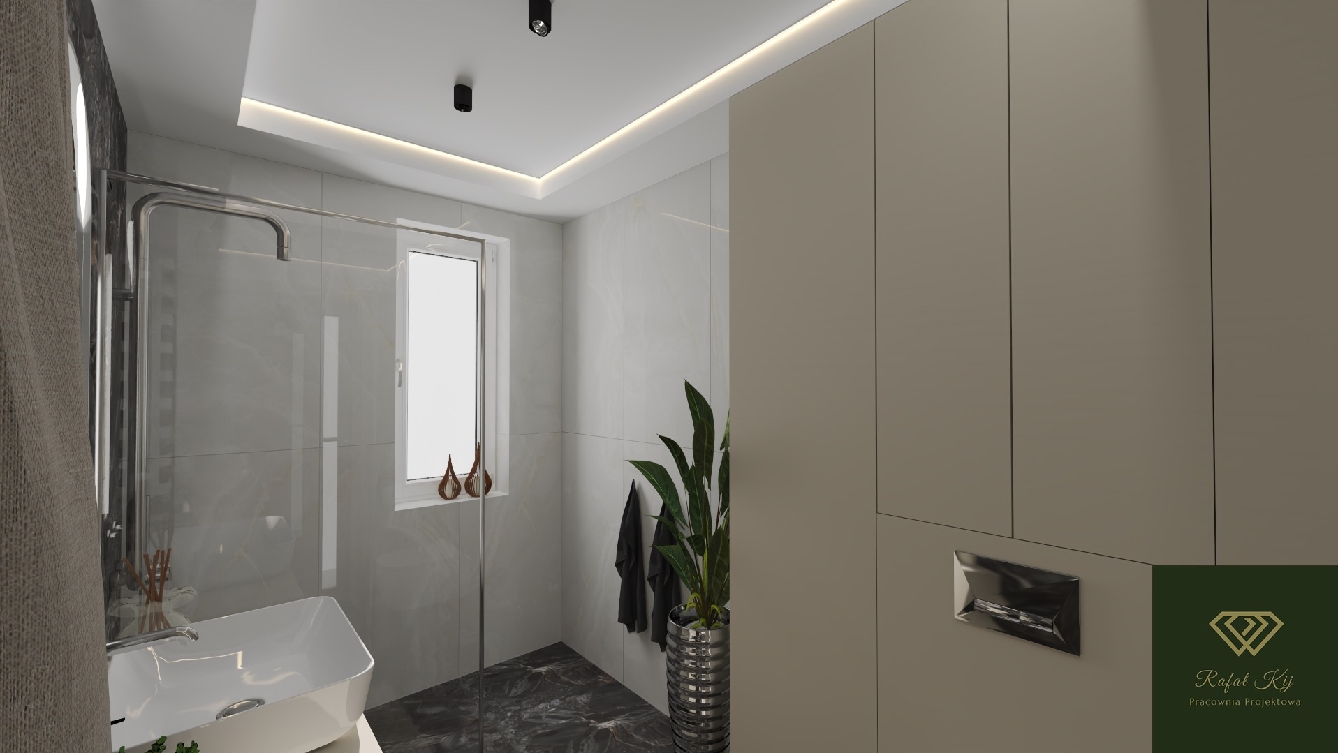 Nowoczesna łazienka z marmurową podłogą i ścianami, kabiną prysznicową typu walk-in, umywalką nablatową i szafkami w kolorze beżowym. Akcent roślinny w srebrnej donicy.