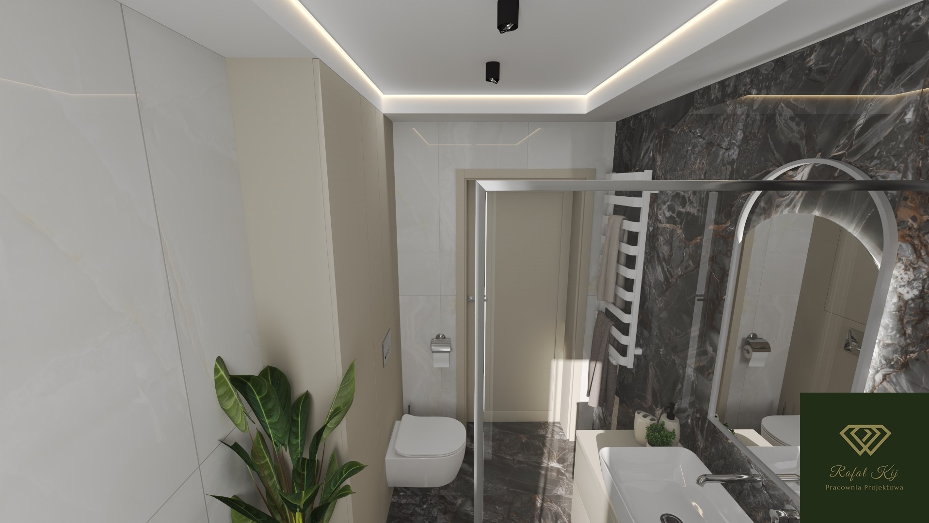 Elegancka łazienka z marmurową ścianą, kabiną prysznicową ze srebrnymi ramami i rośliną doniczkową. Nowoczesne oświetlenie sufitowe i lustro z podświetleniem.