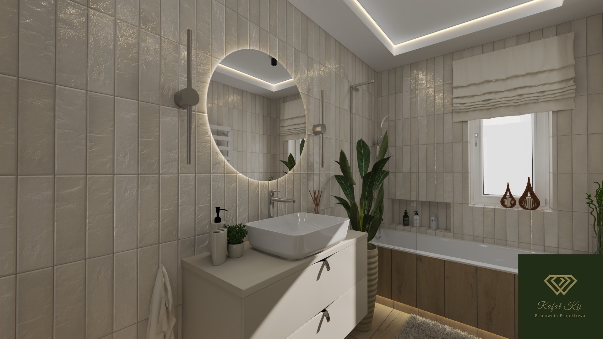 Beżowa łazienka z okrągłym lustrem podświetlanym LED, białą umywalką nablatową i roślinami. Widoczne płytki imitujące kamień i drewniane akcenty przy wannie.