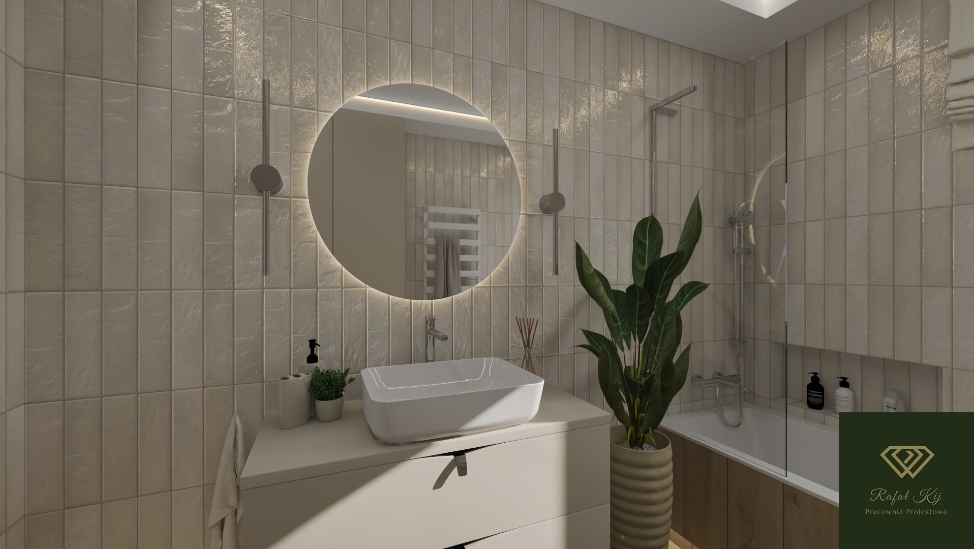 Nowoczesna łazienka w Dobre Miasto z okrągłym lustrem LED, umywalką nablatową i beżowymi płytkami. Minimalistyczny design z rośliną doniczkową.