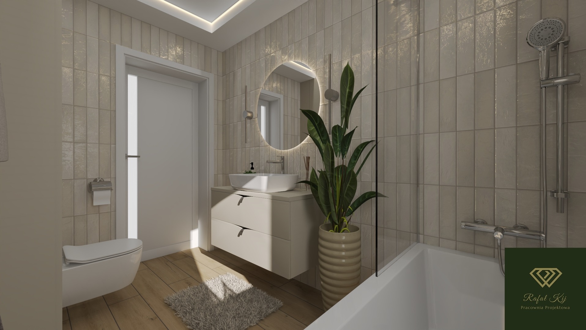 Jasna łazienka z beżowymi płytkami, okrągłym lustrem z podświetleniem LED, białą umywalką nablatową i zieloną rośliną w ozdobnej donicy. Minimalistyczny design.